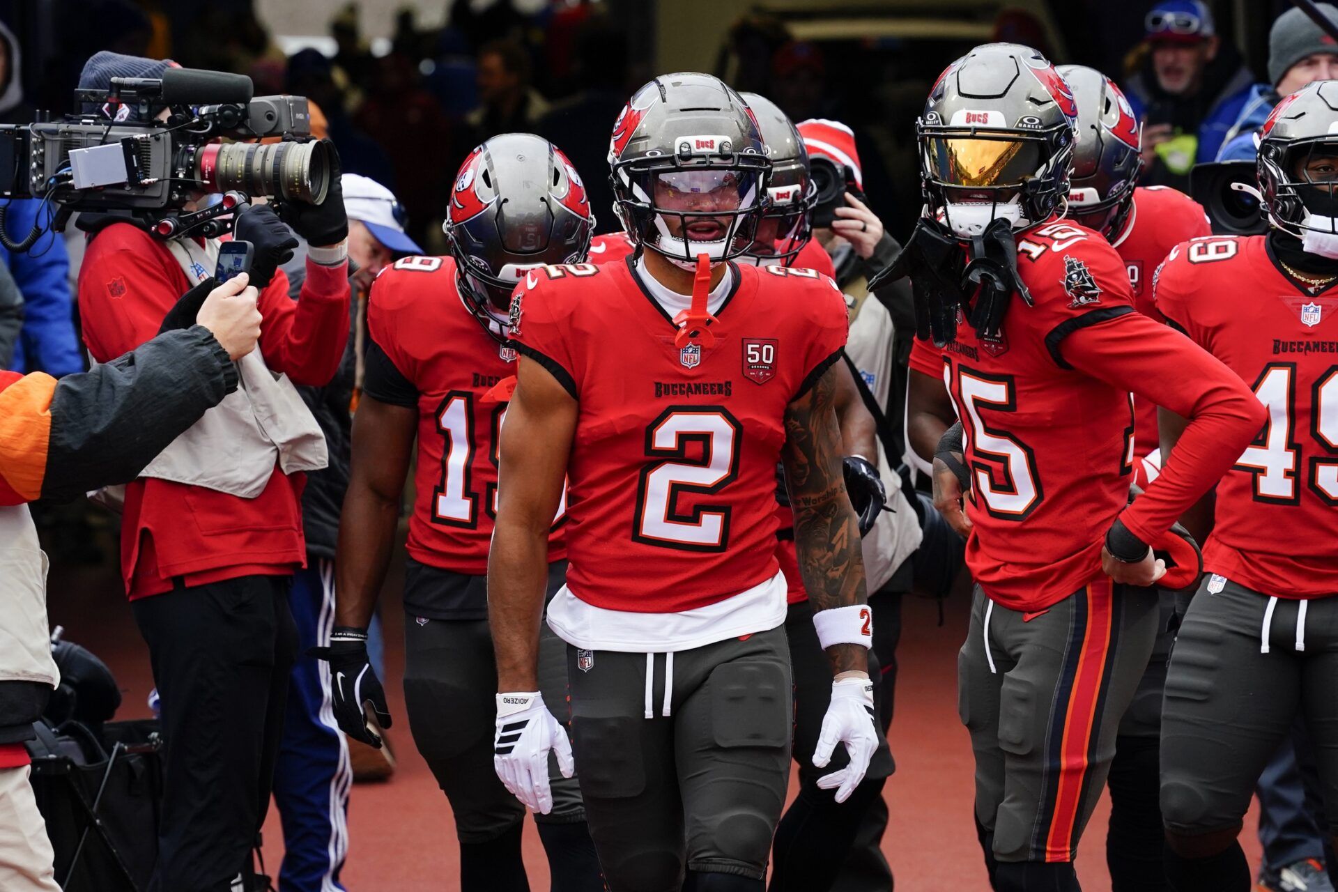 Tampa Bay Buccaneers wide receiver Emeka Egbuka (2) warms up prior to the game against the Buffalo Bills at Highmark Stadium.