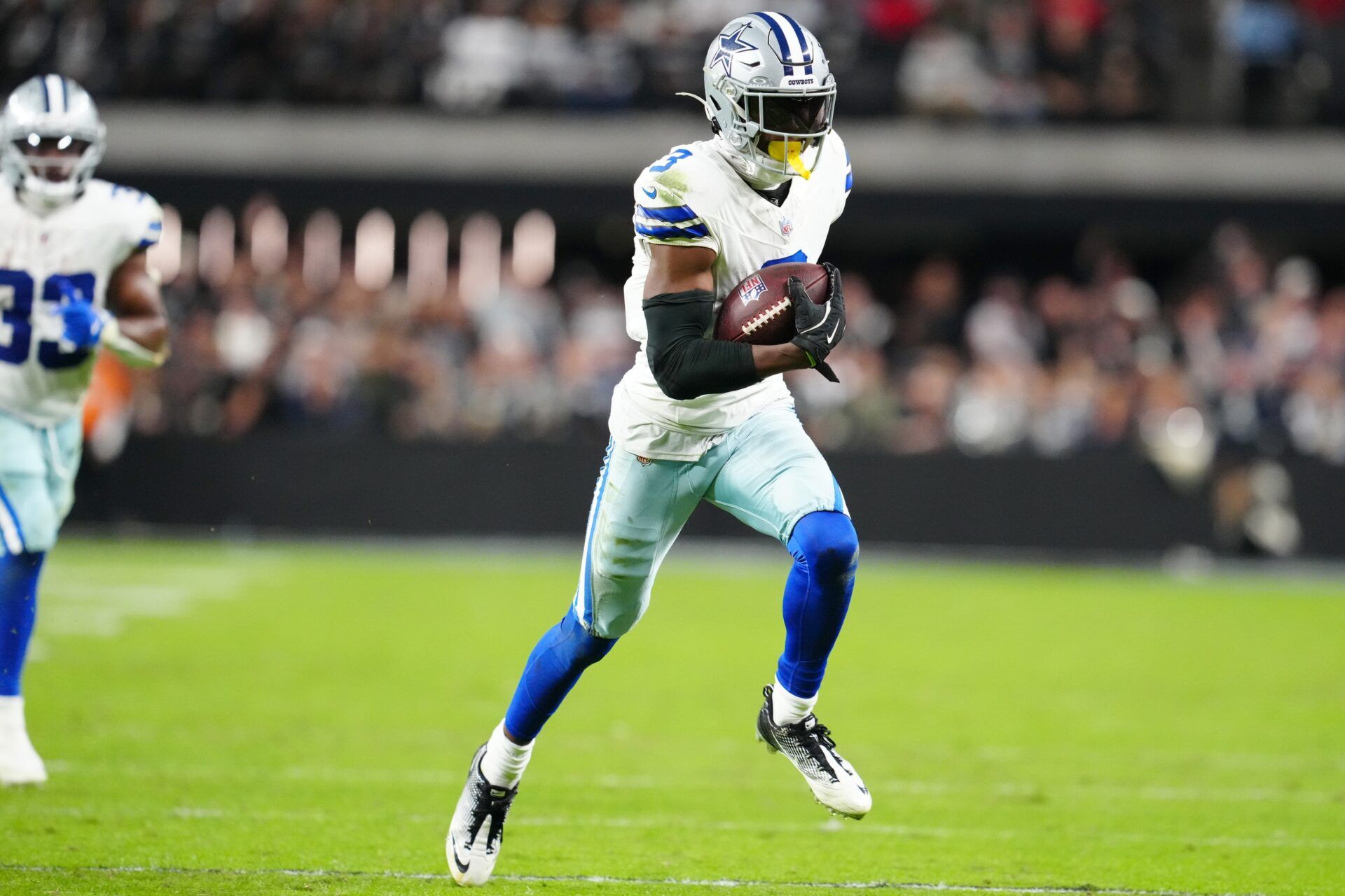 Dallas Cowboys wide receiver George Pickens (3) runs to score a touchdown during the first half against the Las Vegas Raiders at Allegiant Stadium.