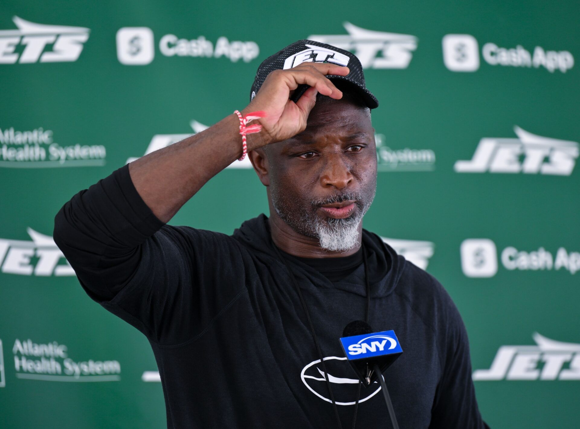 New York Jets head coach Aaron Glenn speaks to the media during training camp at Atlantic Health Jets Training Center.