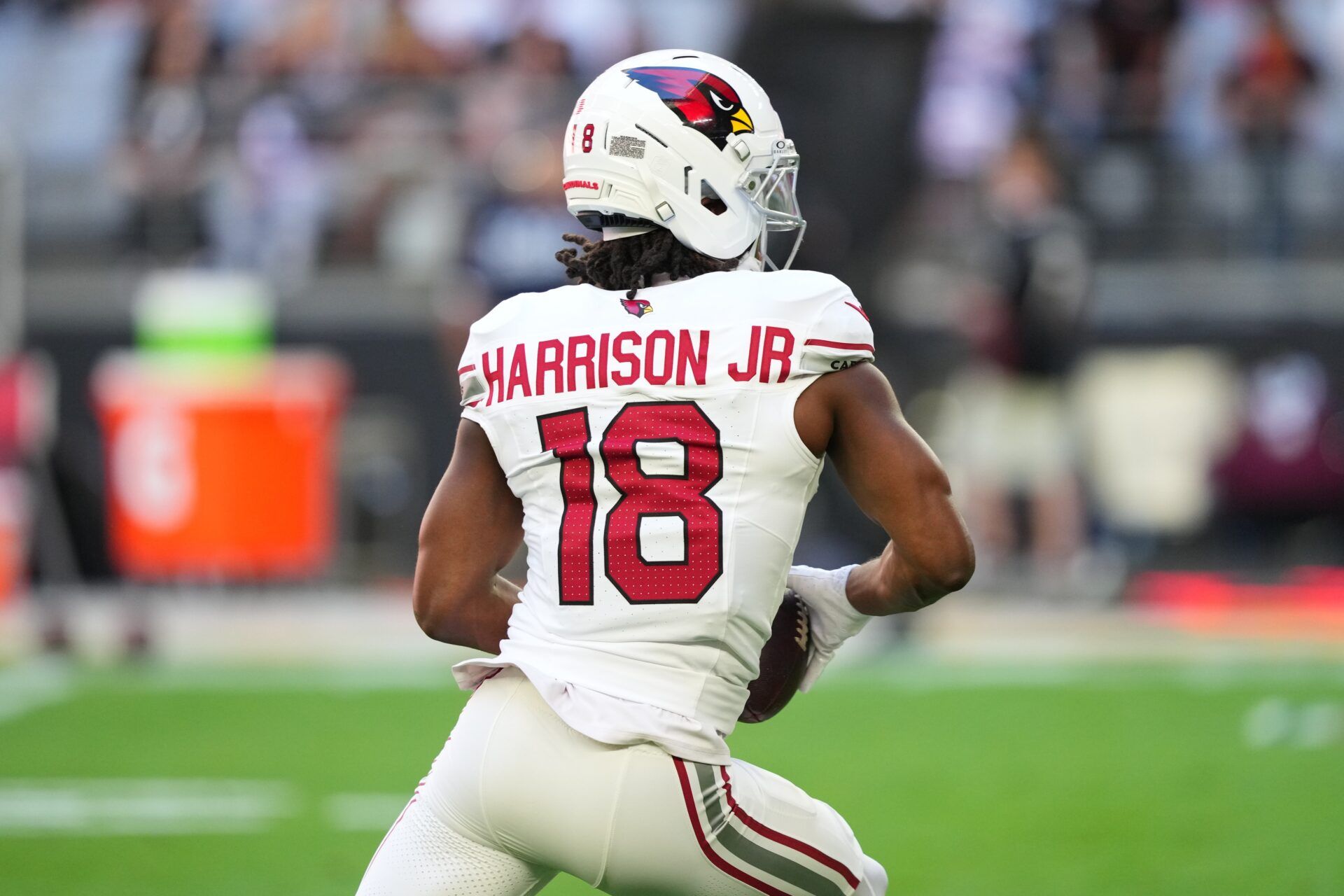 Arizona Cardinals wide receiver Marvin Harrison Jr. (18) on the field during warm ups prior to a game against the Atlanta Falcons at State Farm Stadium.