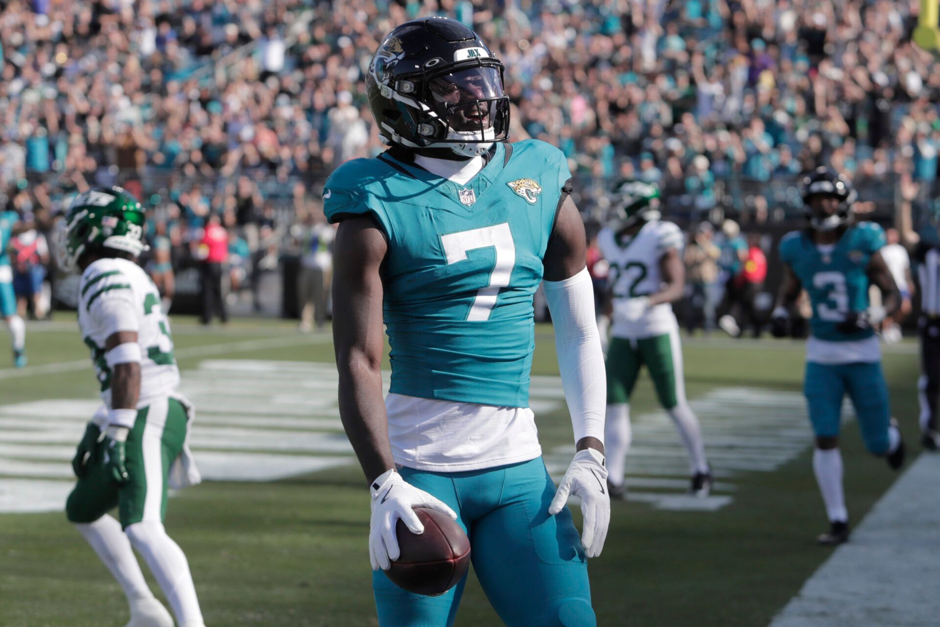 Jacksonville Jaguars wide receiver Brian Thomas Jr. (7) reacts after scoring a touchdown in the first quarter against the New York Jets at EverBank Stadium.