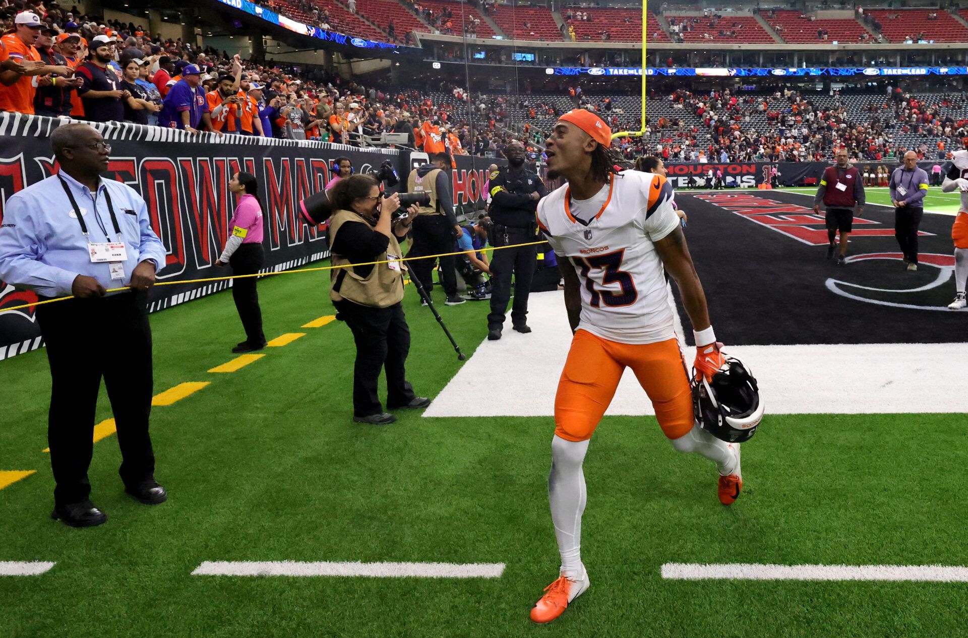 Denver Broncos wide receiver Pat Bryant (13) celebrates after defeating the Houston Texans at NRG Stadium.