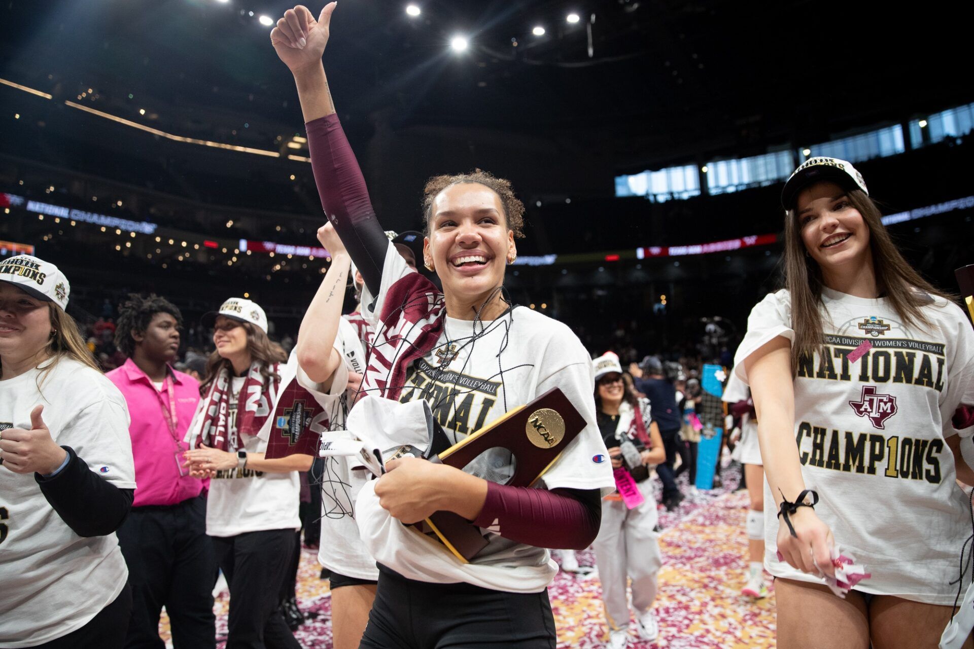 Texas A&M Aggies outside hitter Kyndal Stowers (center) leaves the court following her team’s win over the Kentucky Wildcats in the 2025 NCAA Women’s Volleyball Championship at T-Mobile Center.