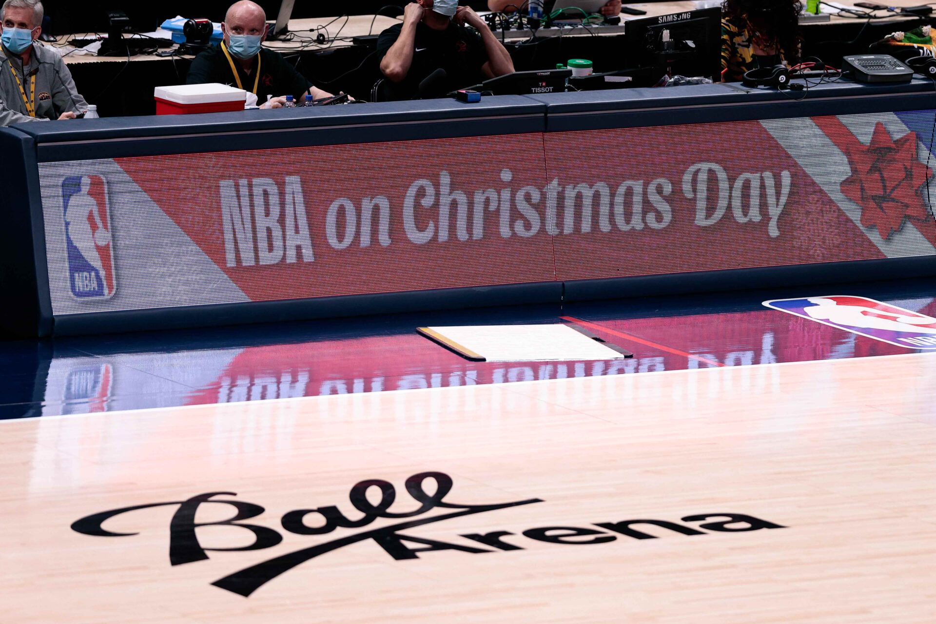 NBA on Christmas Day is displayed across the sideboards in the first quarter of the game between the Denver Nuggets and the Los Angeles Clippers at Ball Arena.
