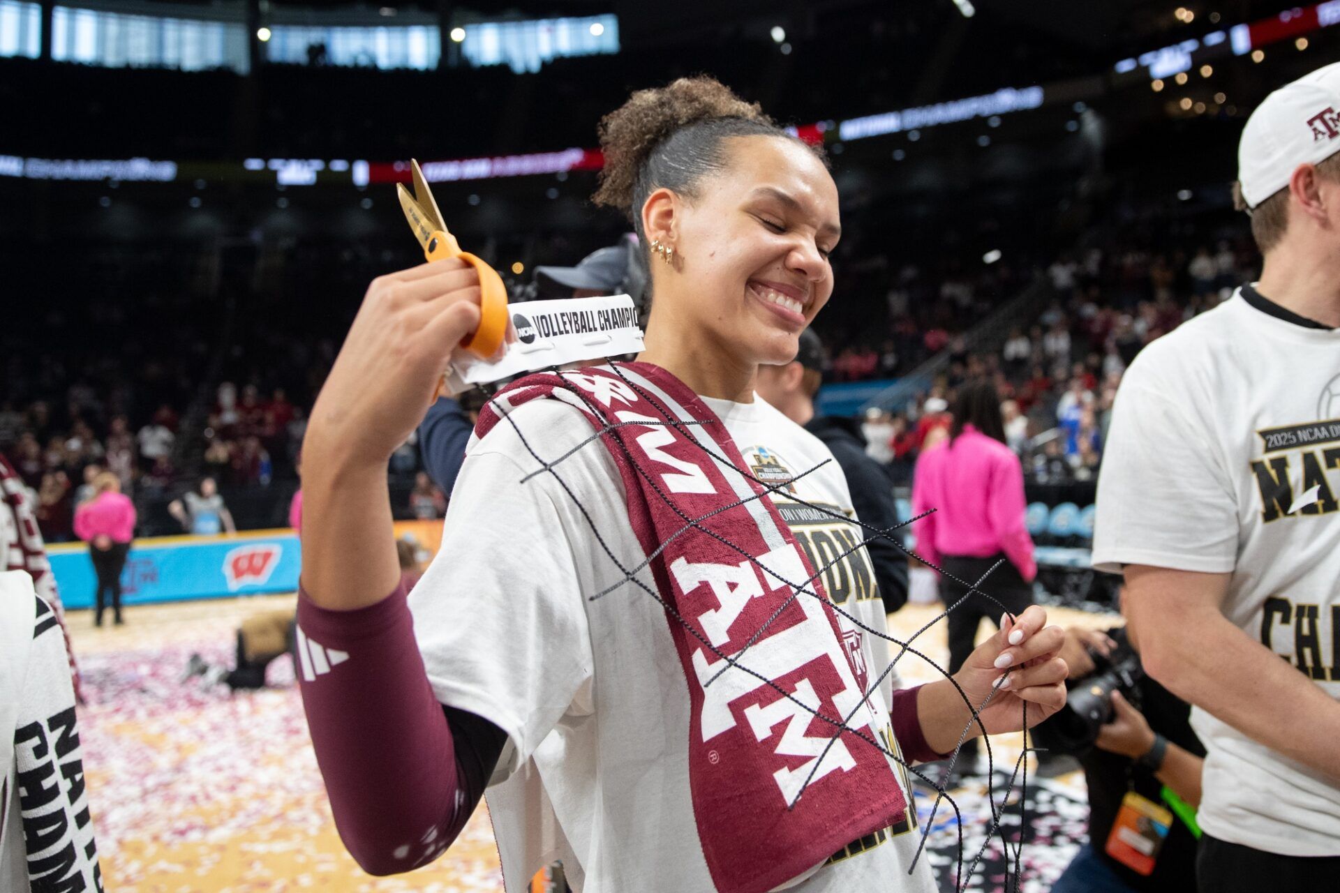 Texas A&M Aggies outside hitter Kyndal Stowers (37) celebrates after her team’s win over the Kentucky Wildcats in the 2025 NCAA Women’s Volleyball Championship at T-Mobile Center.