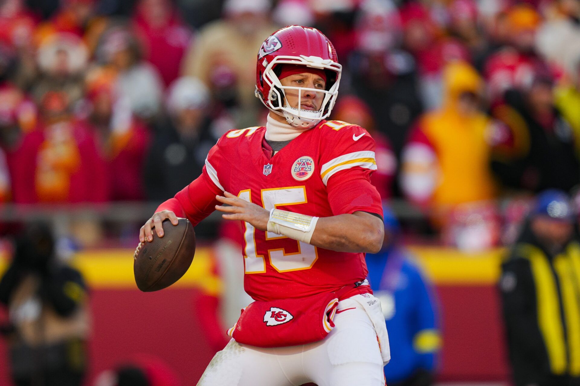 Kansas City Chiefs quarterback Patrick Mahomes (15) throws a pass during the second half against the Los Angeles Chargers at GEHA Field at Arrowhead Stadium.
