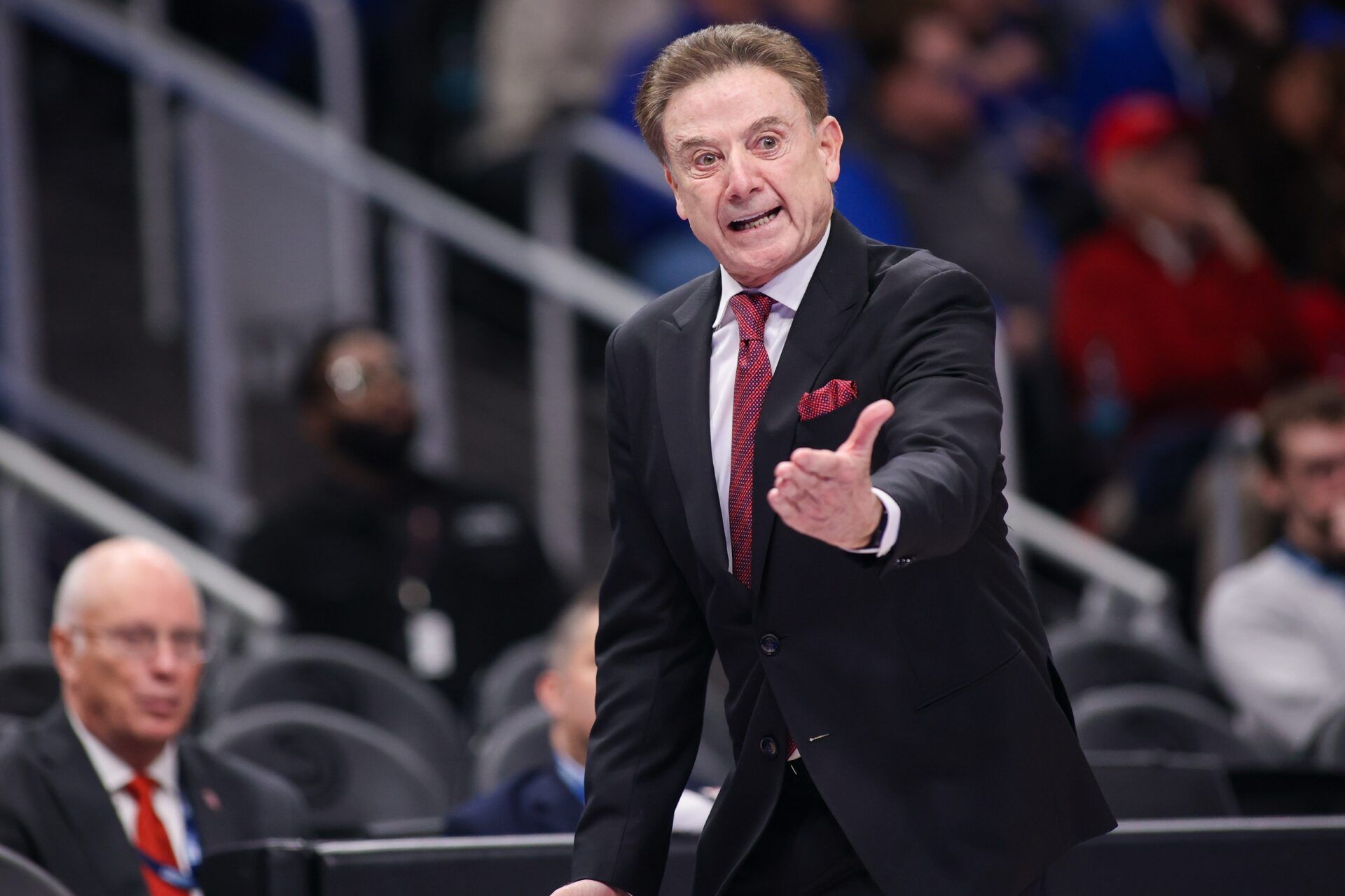 St. John Red Storm head coach Rick Pitino shows emotion against the Kentucky Wildcats in the first half at State Farm Arena.