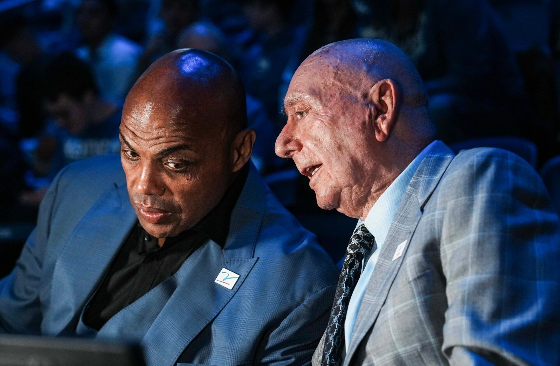 ESPN announcer Dick Vitale, center, with analyst Charles Barkley before the Indiana-Kentucky men's college basketball game at Rupp Arena in Lexington, Kentucky December 13, 2025.