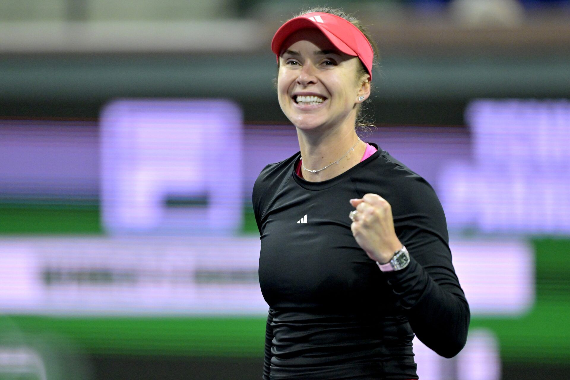 Elina Svitolina (UKR) celebrates at match point after defeating Jessica Pegula (not pictured) in her fourth round match at the BNP Paribas Open the at Indian Well Tennis Garden.