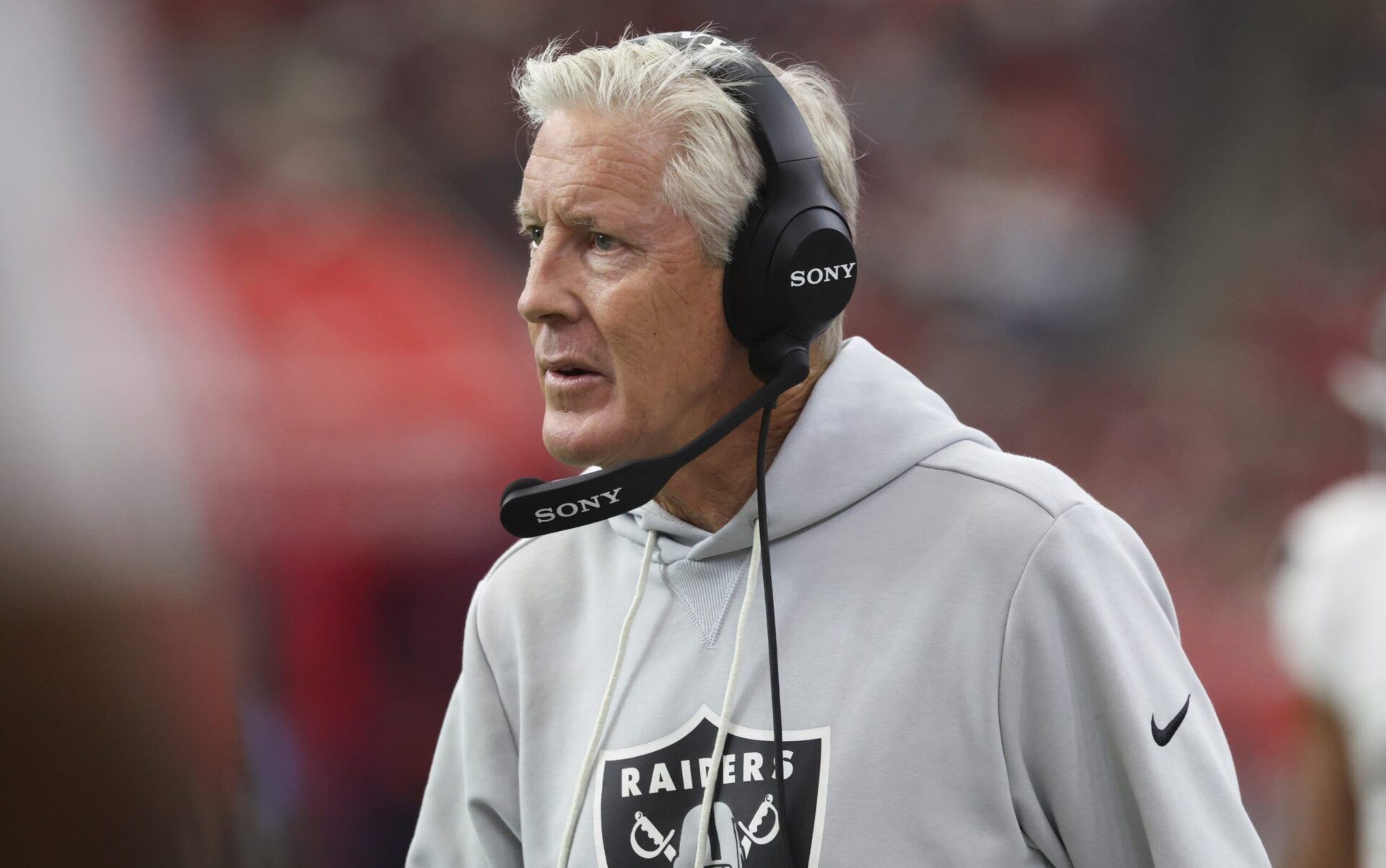 Las Vegas Raiders head coach Pete Carroll reacts after a play during the game against the Houston Texans at NRG Stadium.