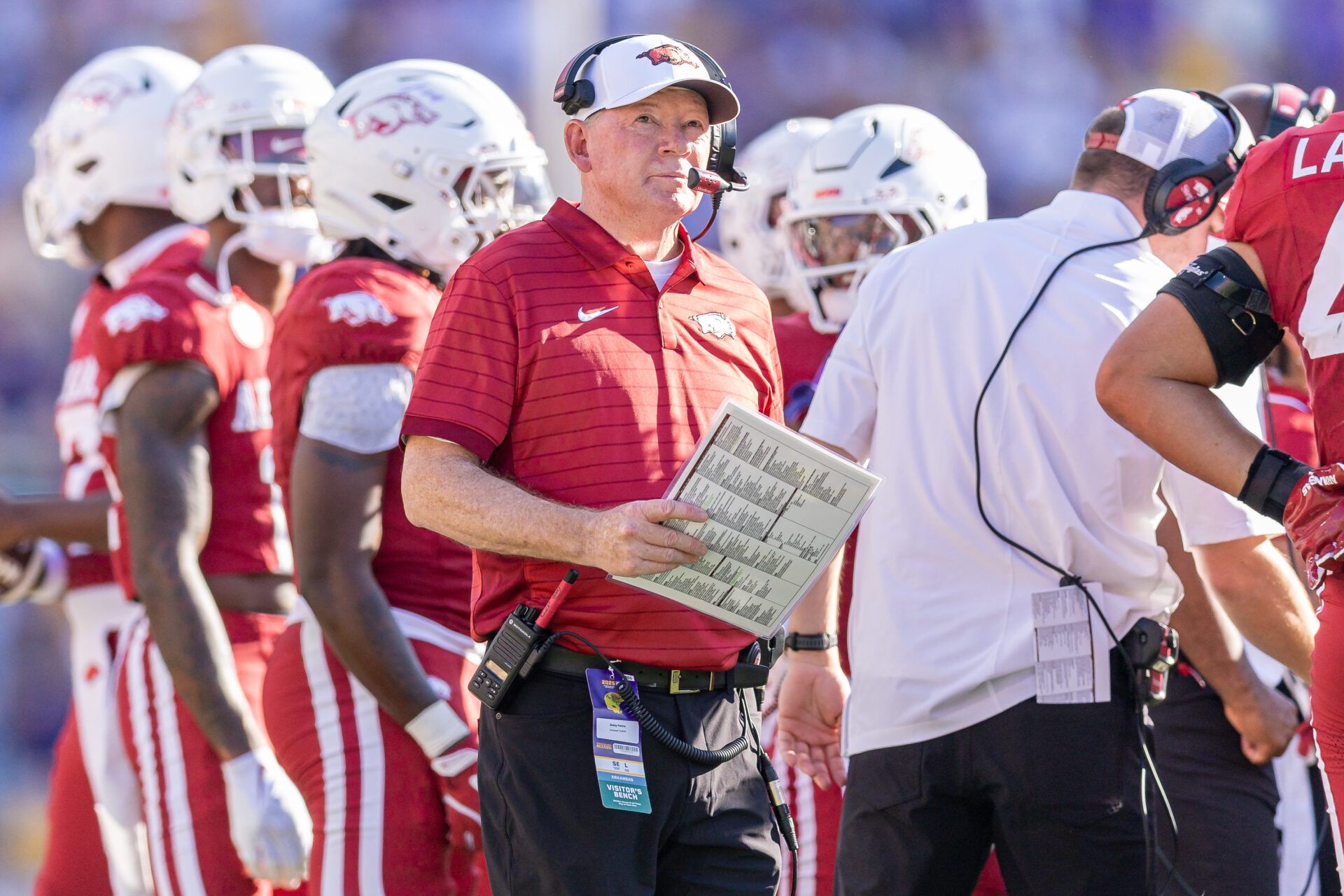 Arkansas interim head coach Bobby Petrino looks on against the LSU Tigers during the second half at Tiger Stadium.