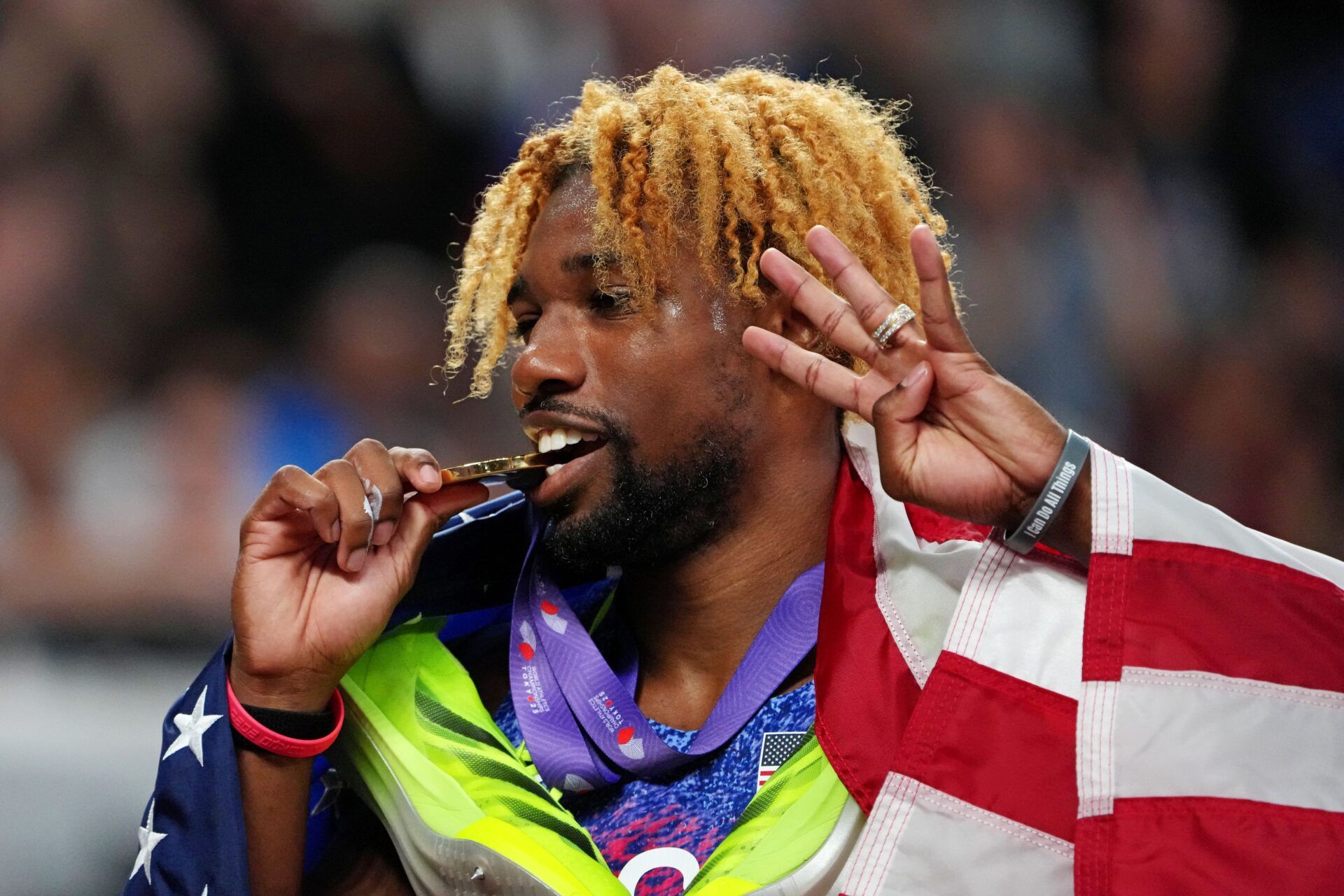 Noah Lyles (USA) celebrates winning the gold medal in the mens 200m during the World Athletics Championships at National Stadium.