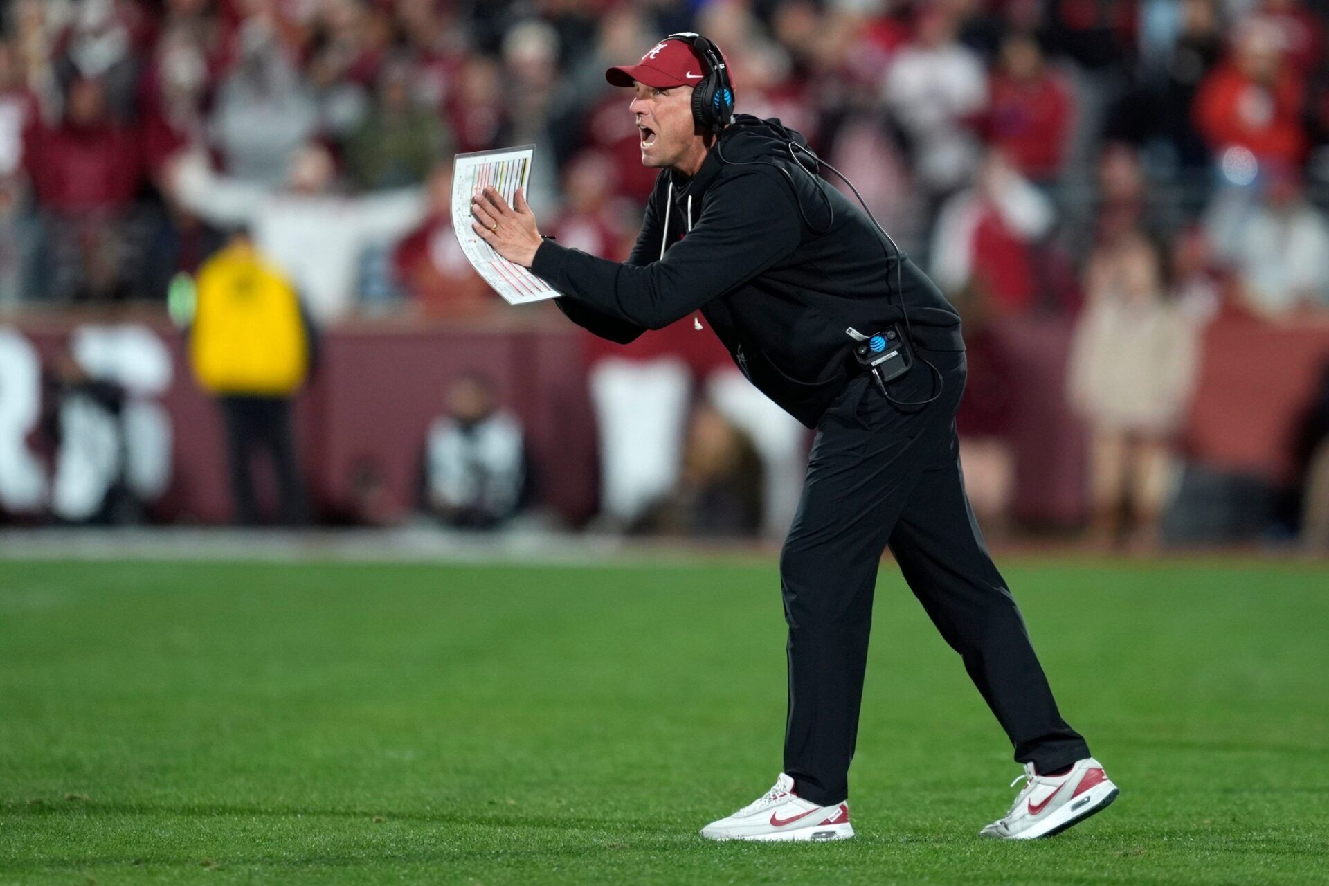 Alabama coach Kalen DeBoer gestures during a first-round College Football Playoff game between the University of Oklahoma Sooners (OU) and the Alabama Crimson Tide at Gaylord Family – Oklahoma Memorial Stadium in Norman, Okla., Friday, Dec. 19, 2025. Alabama won 34-24.