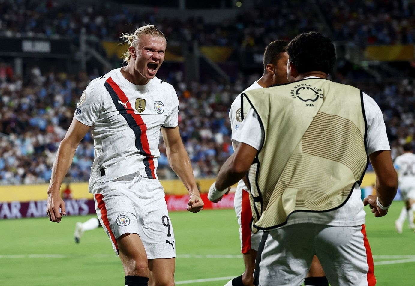 [Subscription Customers Only] Jun 30, 2025; Orlando, Florida, USA; Manchester City forward Erling Haaland (9) celebrates scoring their second goal during a round of 16 match of the 2025 FIFA Club World Cup at Camping World Stadium.
