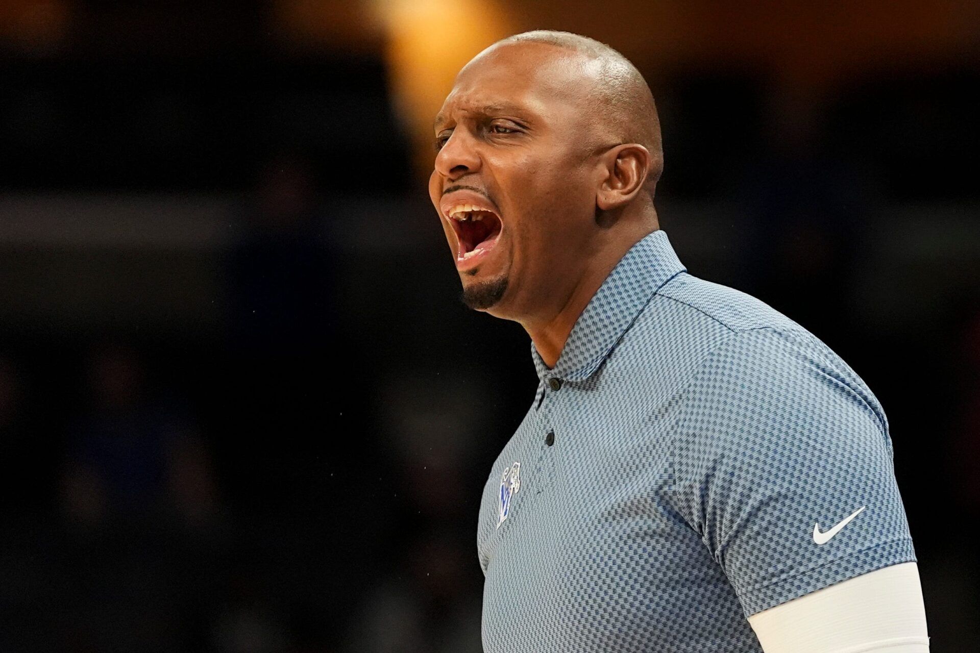 Memphis' head coach Penny Hardaway shouts to his players during the game between Memphis and Vanderbilt at FedExForum in Memphis, Tenn., on December 17, 2025.