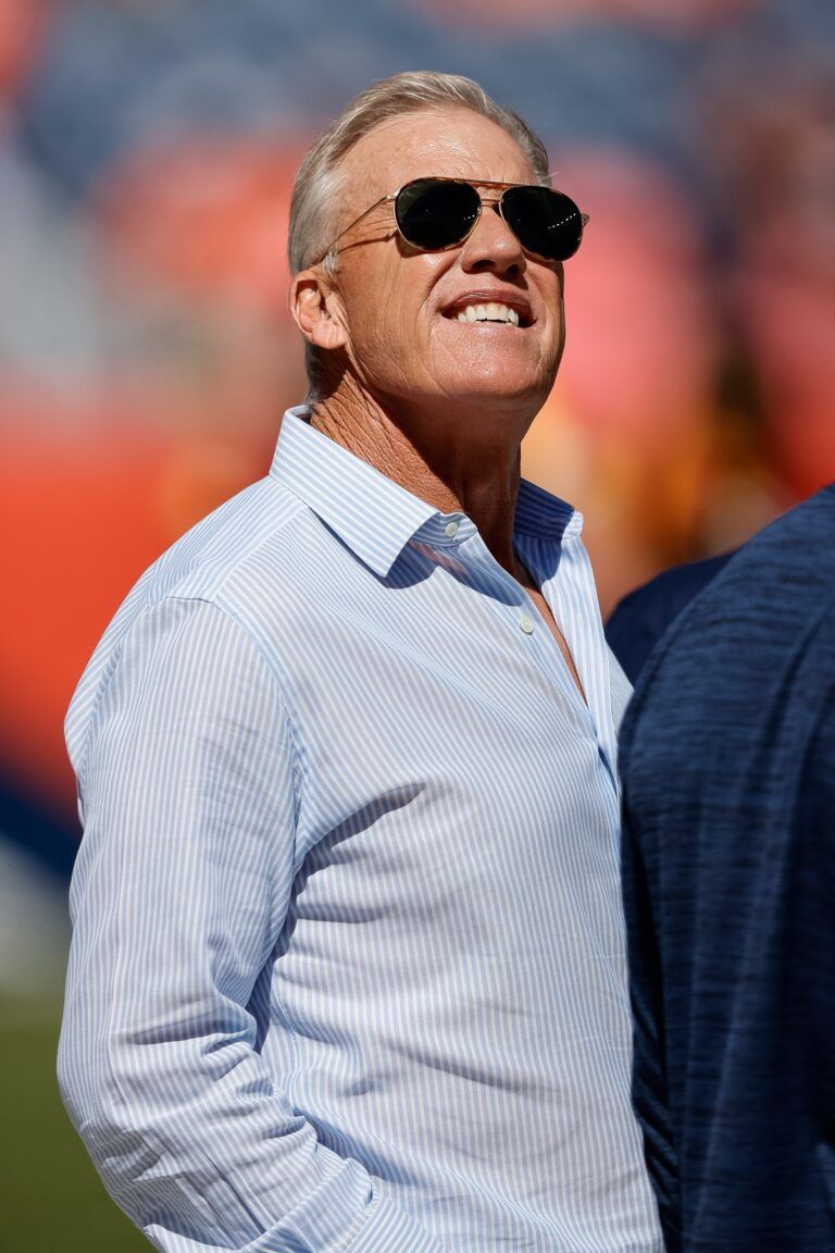 Former Denver Broncos player John Elway before the game against the Washington Commanders at Empower Field at Mile High.
