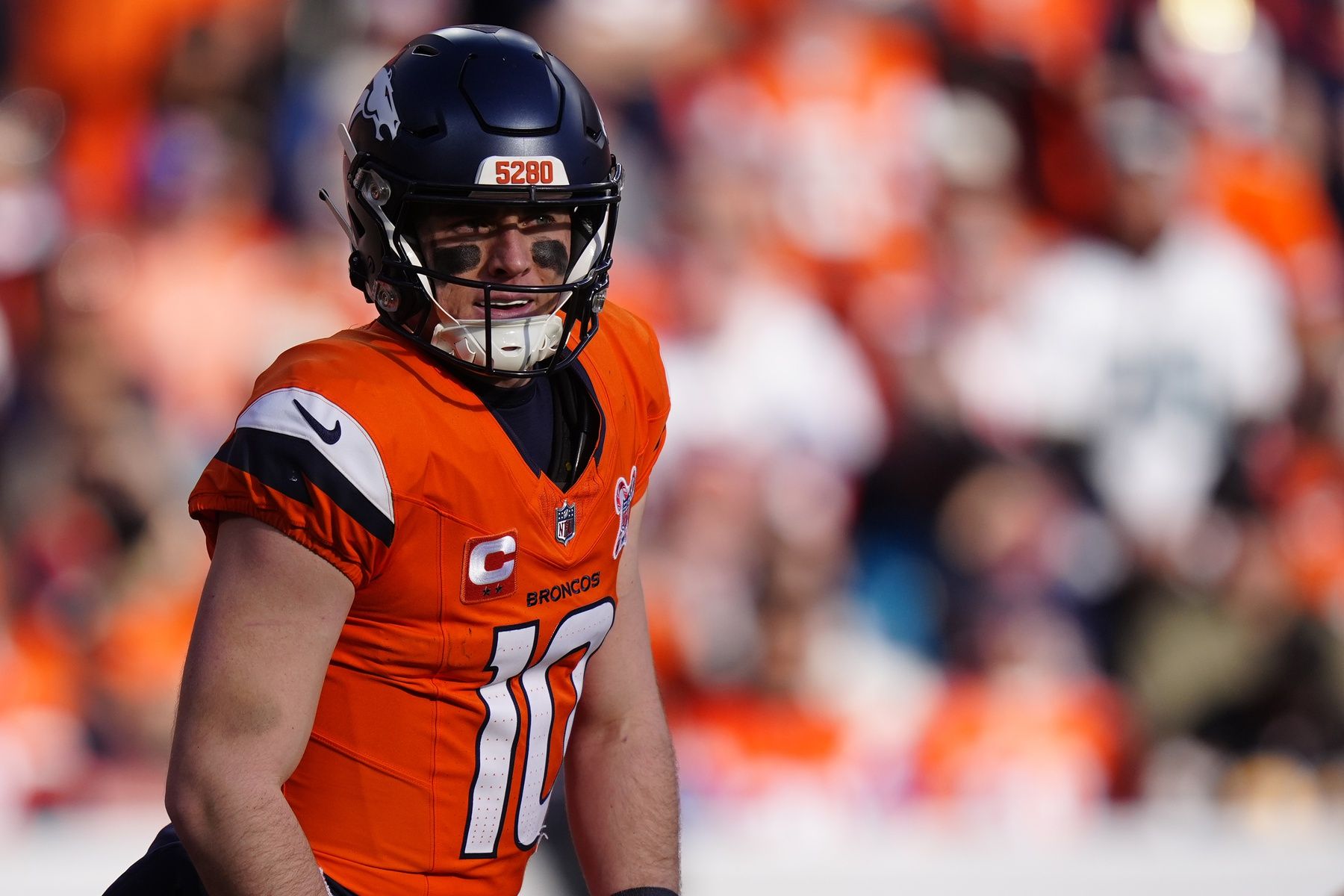 Denver Broncos quarterback Bo Nix (10) during the first half  at Empower Field at Mile High.