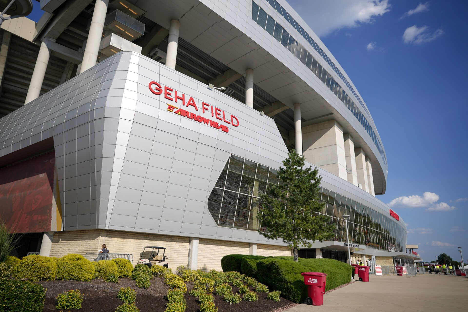 A general exterior view of one side of the stadium before the game between the Kansas City Chiefs and Baltimore Ravens at GEHA Field at Arrowhead Stadium.