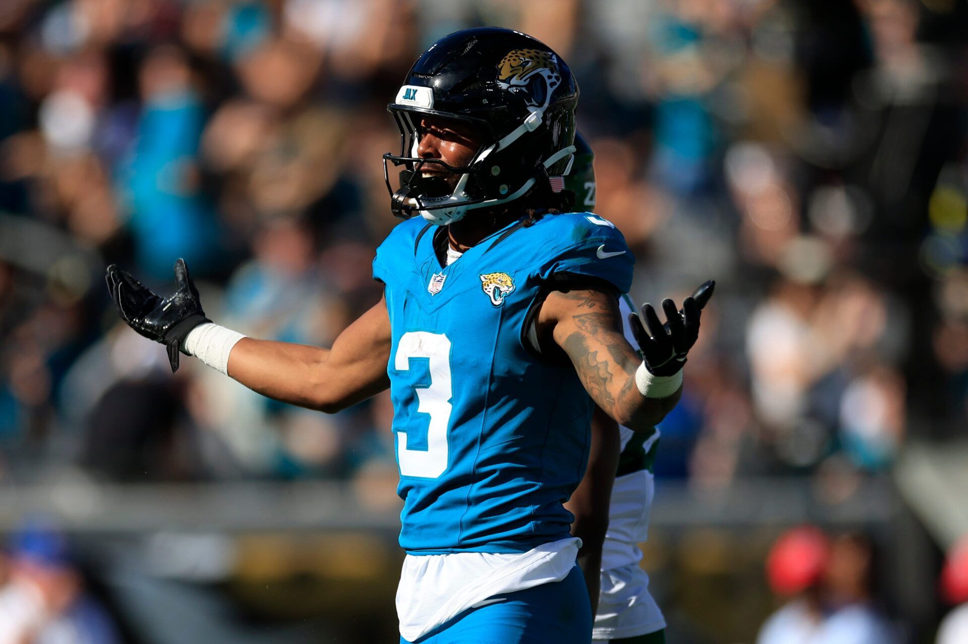Jacksonville Jaguars wide receiver Jakobi Meyers (3) reacts to his first down pickup during the first quarter of an NFL football matchup at EverBank Stadium, Sunday, Dec. 14, 2025, in Jacksonville, Fla. [Corey Perrine/Florida Times-Union]