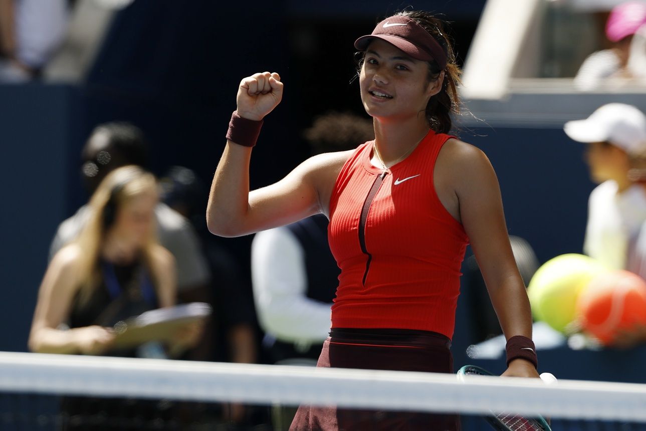 Emma Raducanu (GBR) celebrates after defeating Ena Shibahara (not pictured) on day one of the 2025 U.S. Open tennis tournament at Louis Armstrong Stadium.
