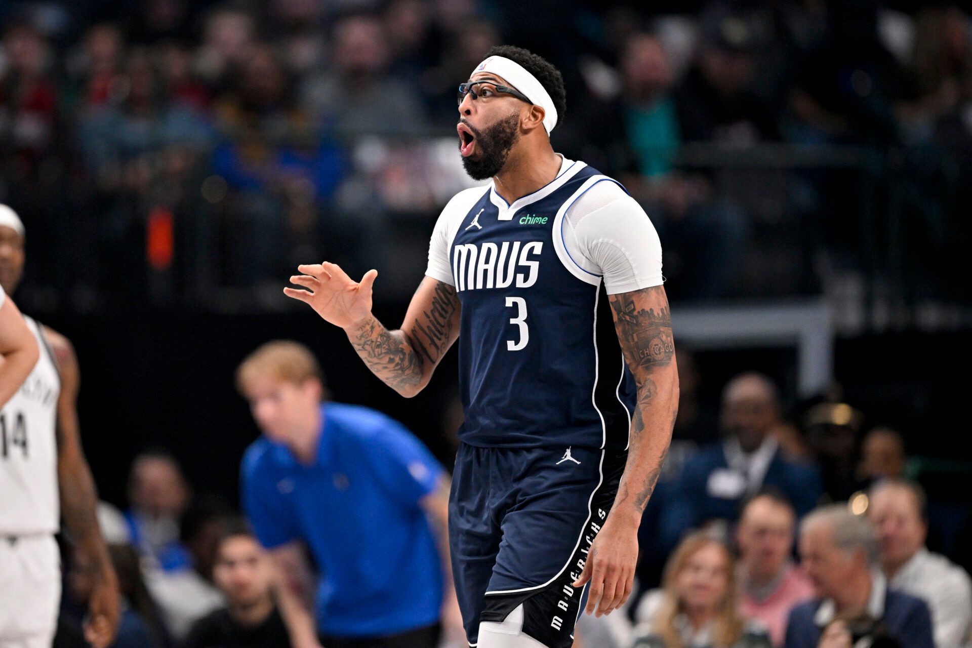 Dallas Mavericks forward Anthony Davis (3) reacts to a foul call during the first quarter against the Brooklyn Nets at the American Airlines Center.