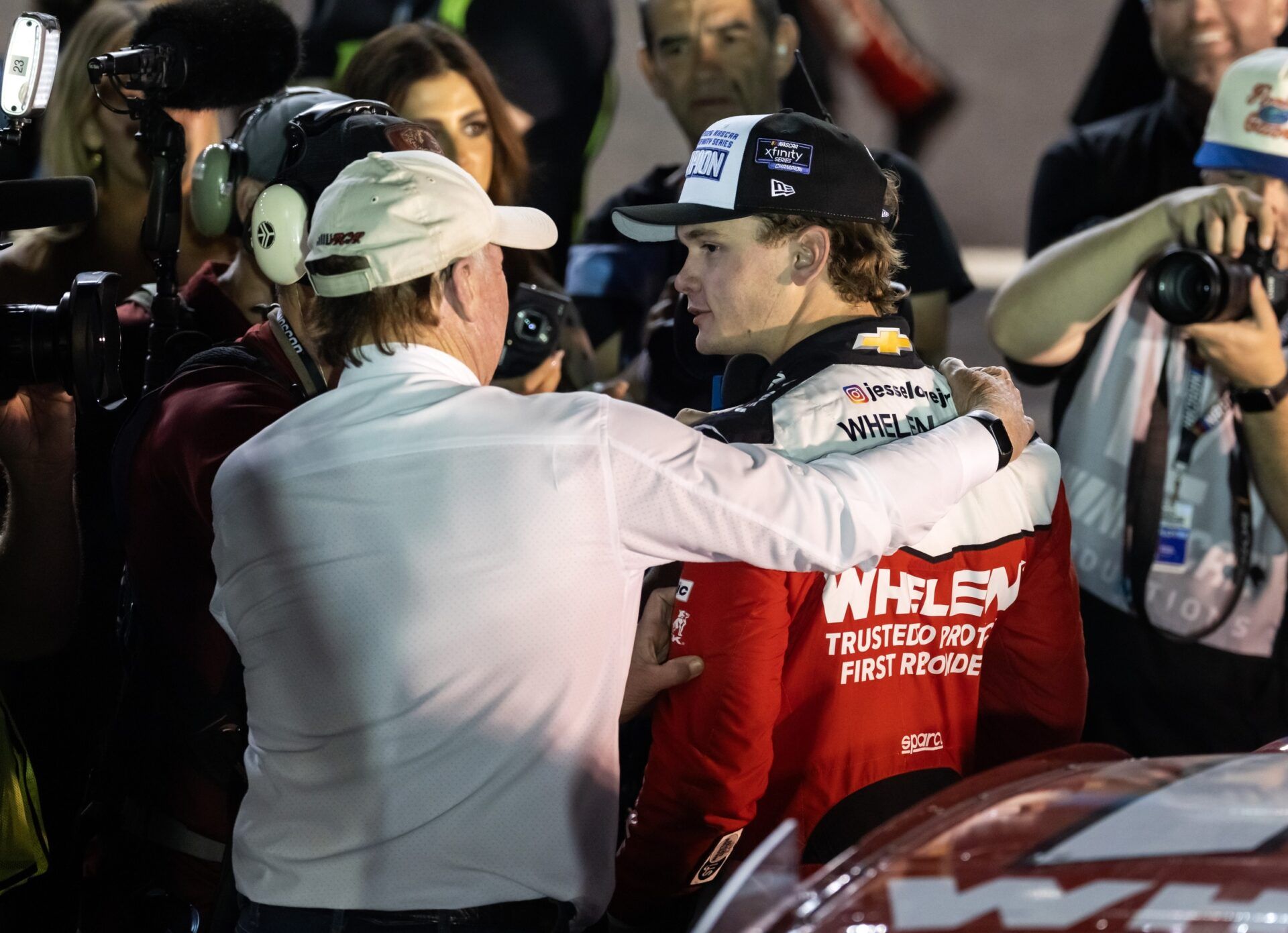 NASCAR Xfinity Series driver Jesse Love (2) celebrates with team owner Richard Childress after winning the Xfinity Series Championship race and the 2025 Xfinity Series championship at Phoenix Raceway.
