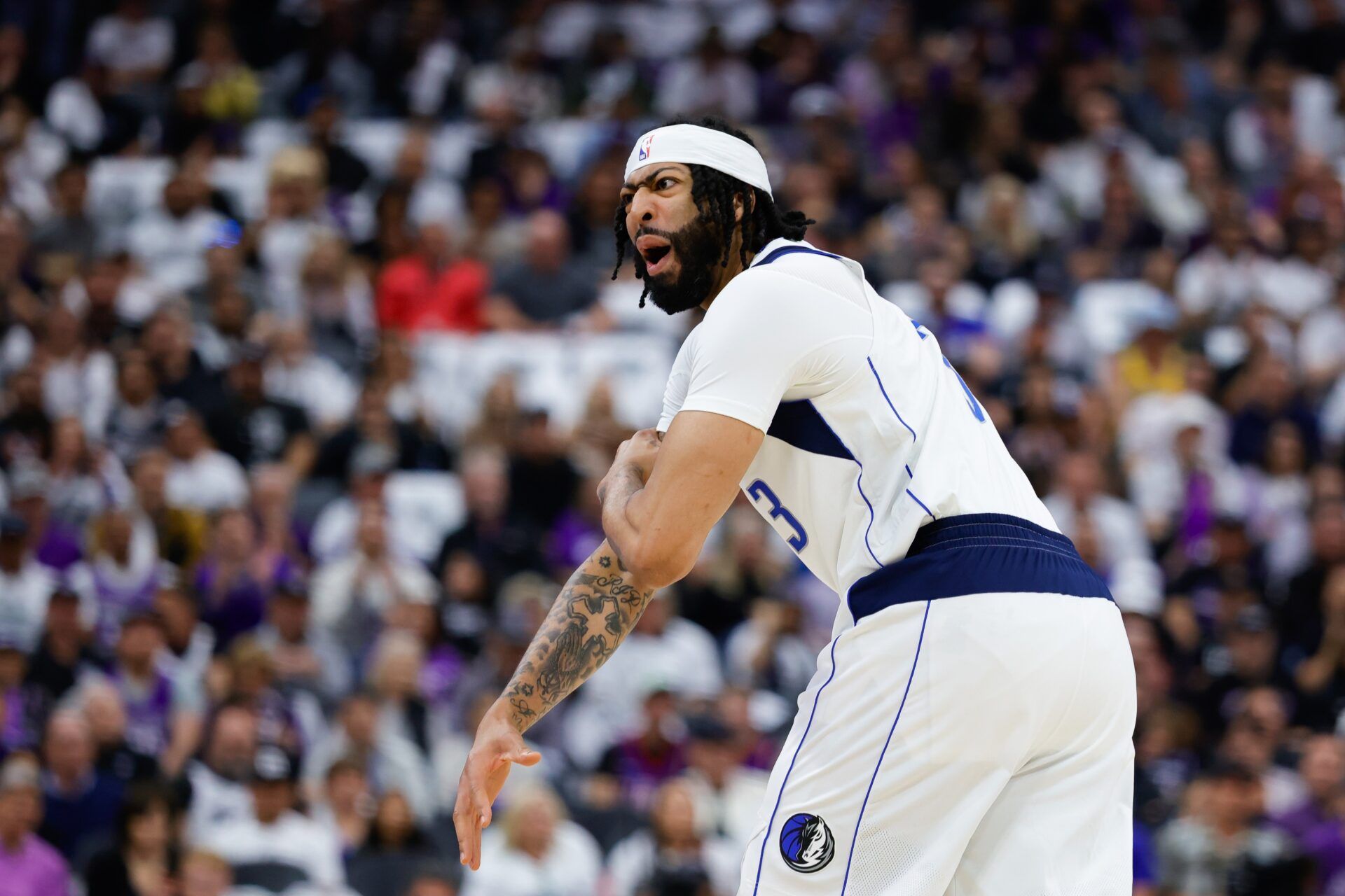 Dallas Mavericks forward Anthony Davis (3) reacts after a play during the first quarter against the Sacramento Kings at Golden 1 Center.