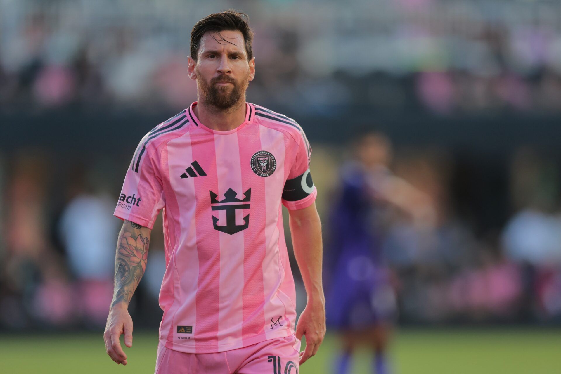 Inter Miami CF forward Lionel Messi (10) looks on against Orlando City during the first half at Chase Stadium.
