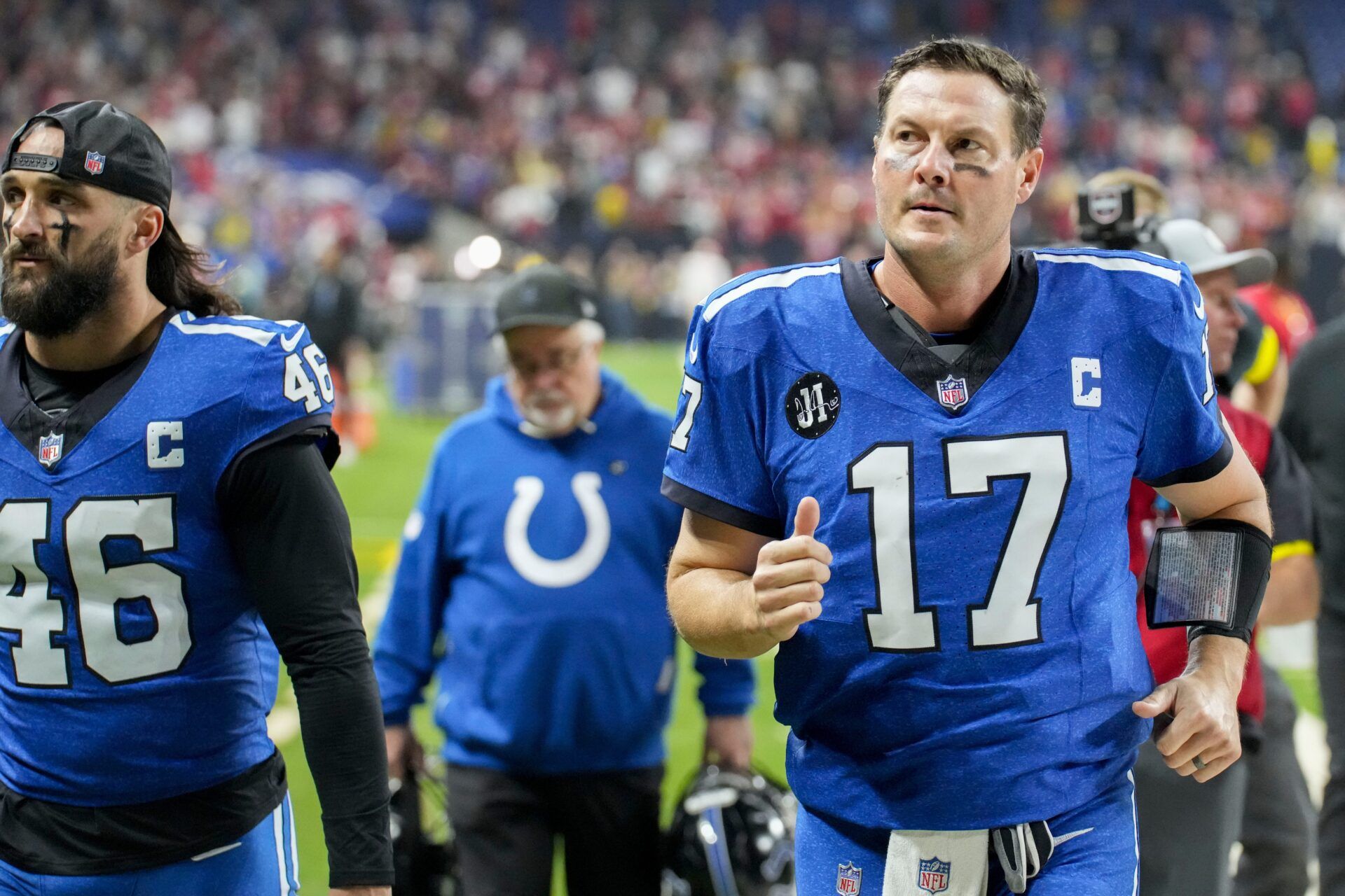 Indianapolis Colts quarterback Philip Rivers (17) leaves the field Monday, Dec. 22, 2025, after losing a game against the San Francisco 49ers at Lucas Oil Stadium in Indianapolis.
