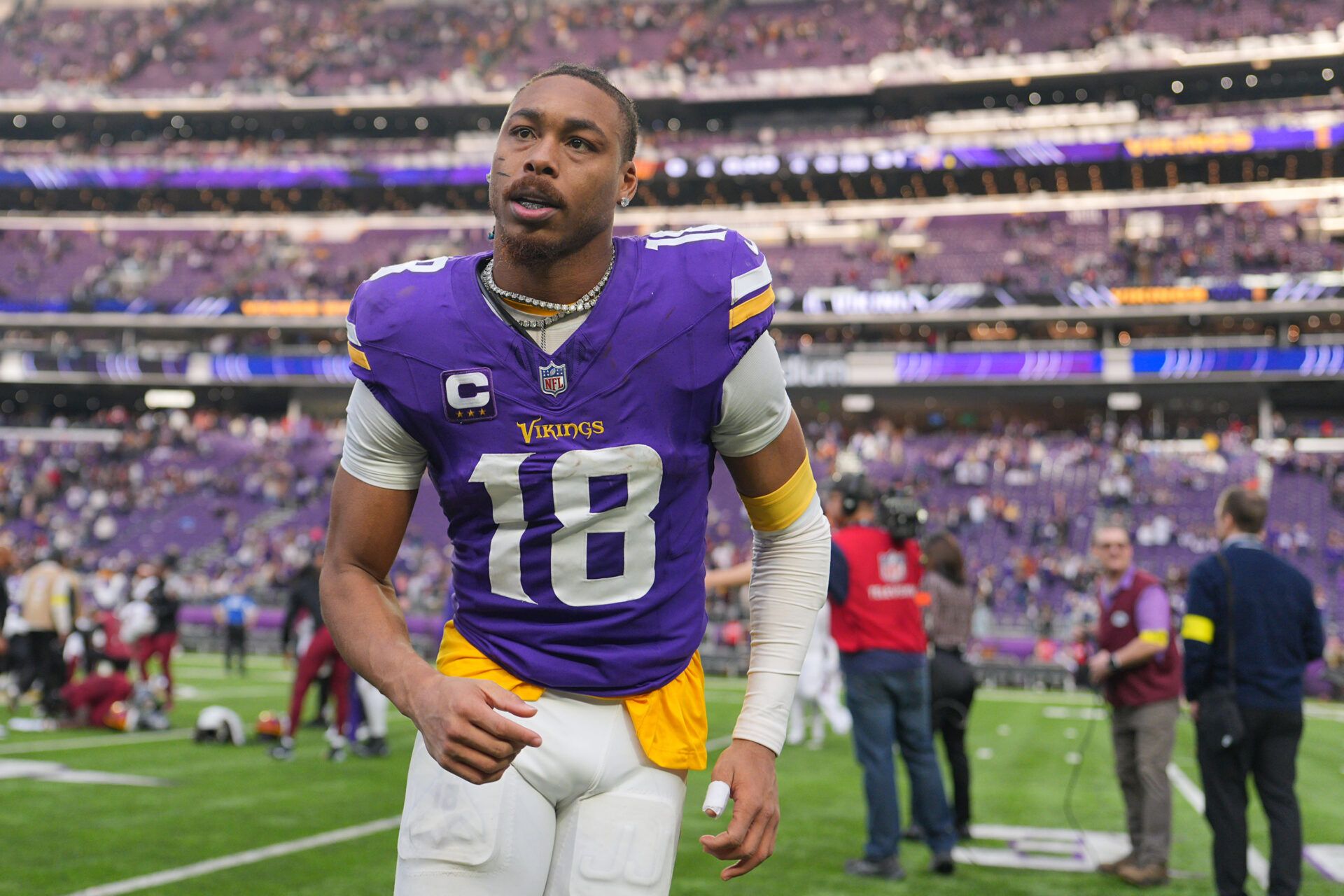 Minnesota Vikings wide receiver Justin Jefferson (18) reacts after the game at U.S. Bank Stadium.