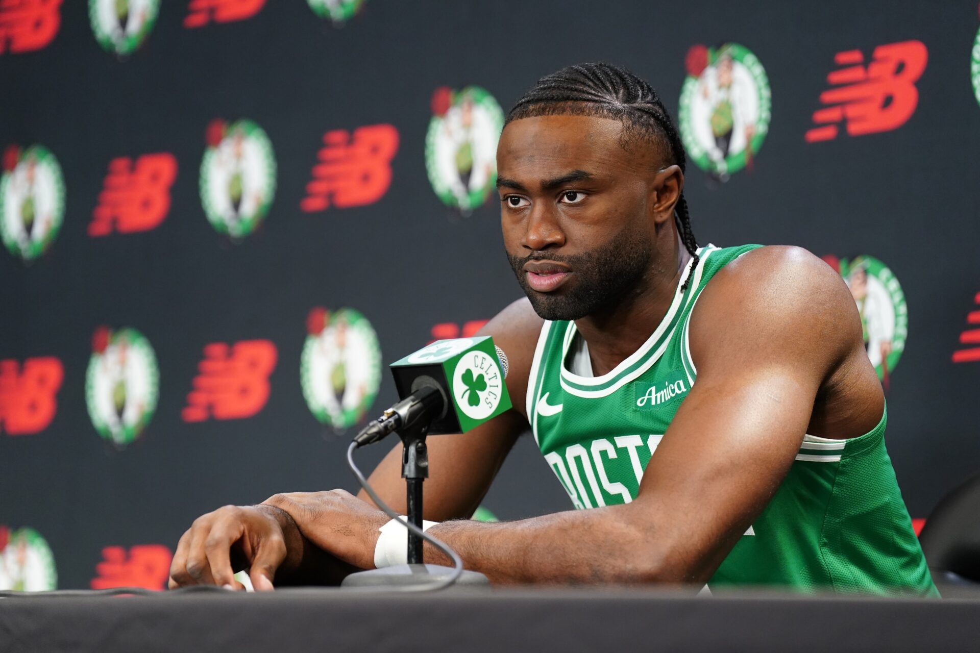 Boston Celtics guard Jaylen Brown (7) talks to reporters during media day at Auerbach Center.