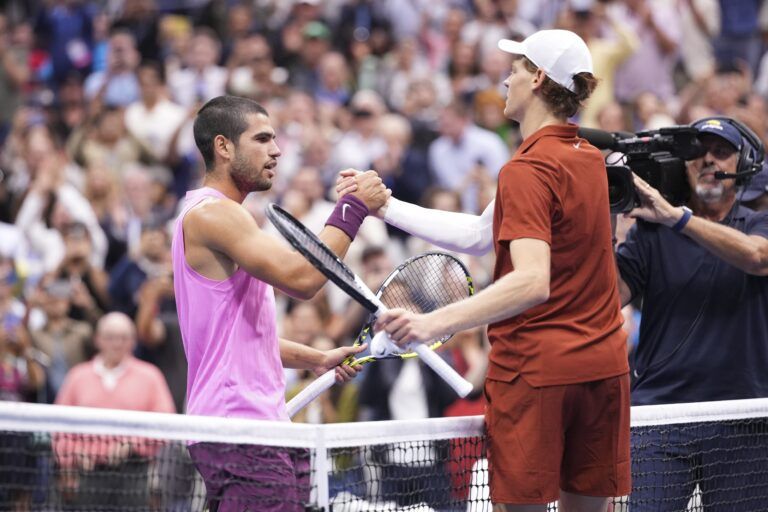 Carlos Alcaraz (ESP) shakes hands with Jannik Sinner (ITA) after the final of mens singles at Billie Jean King National Tennis Center.