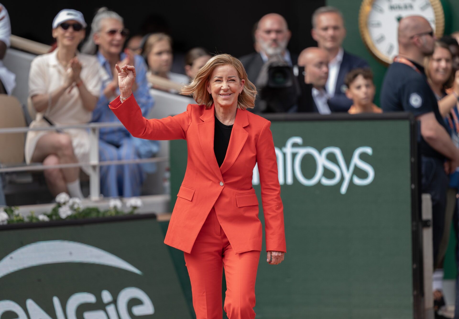 Jun8, 2024; Paris, France; Chris Evert enters the court for the trophy presentation on day 14 of Roland Garros at Stade Roland Garros.