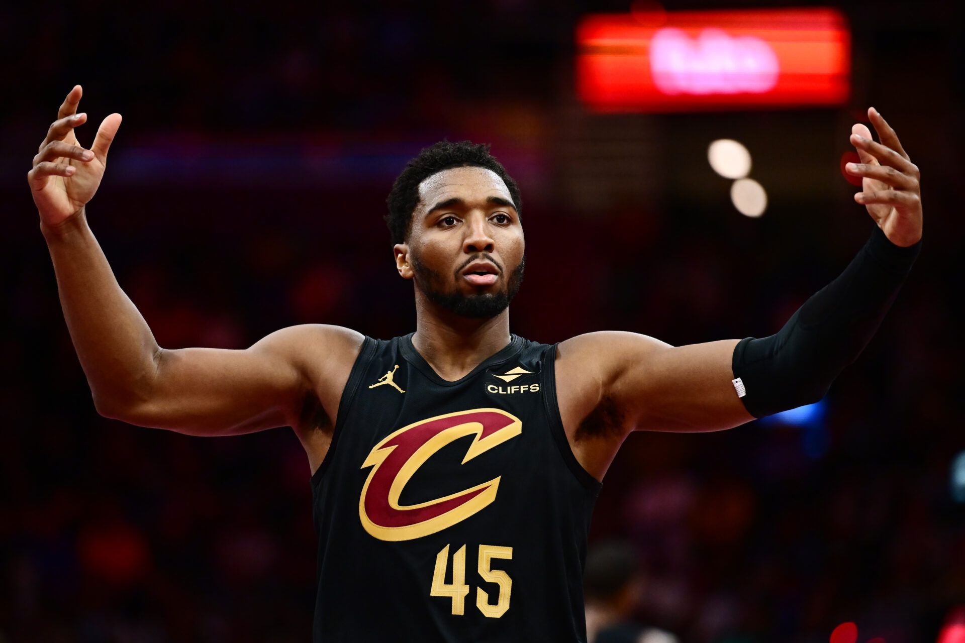 Cleveland Cavaliers guard Donovan Mitchell (45) reacts after a basket against the Indiana Pacers during the second half at Rocket Arena.