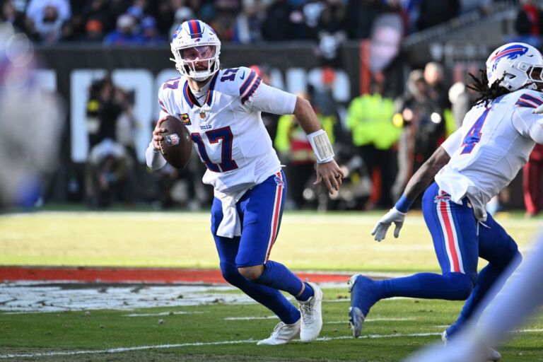 Buffalo Bills quarterback Josh Allen (17) looks downfield against the Cleveland Browns during the first half at Huntington Bank Field.