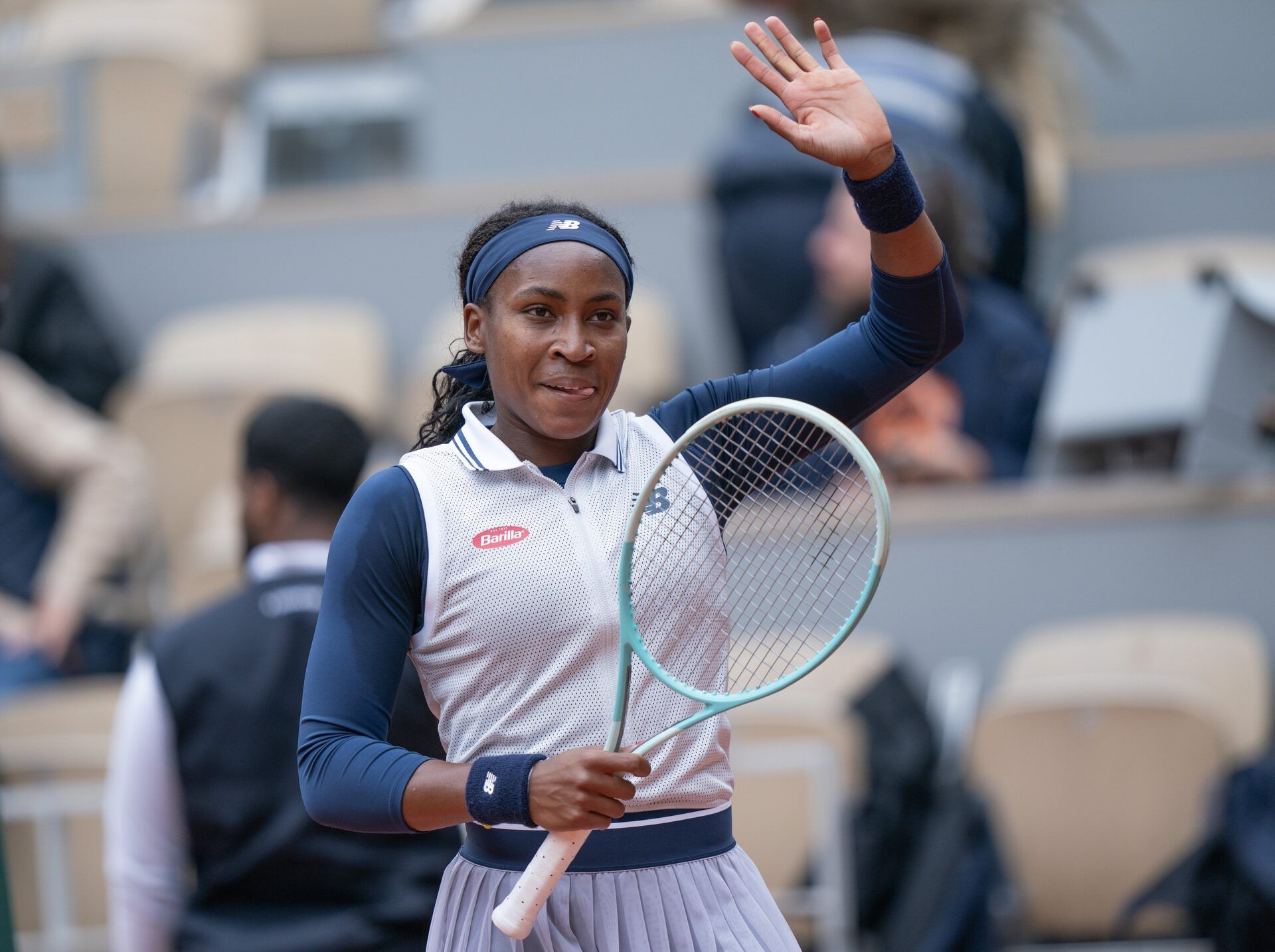 Coco Gauff of the United States celebrates winning her match against Elisabetta Cocciaretto of Italy on day eight of Roland Garros at Stade Roland Garros.