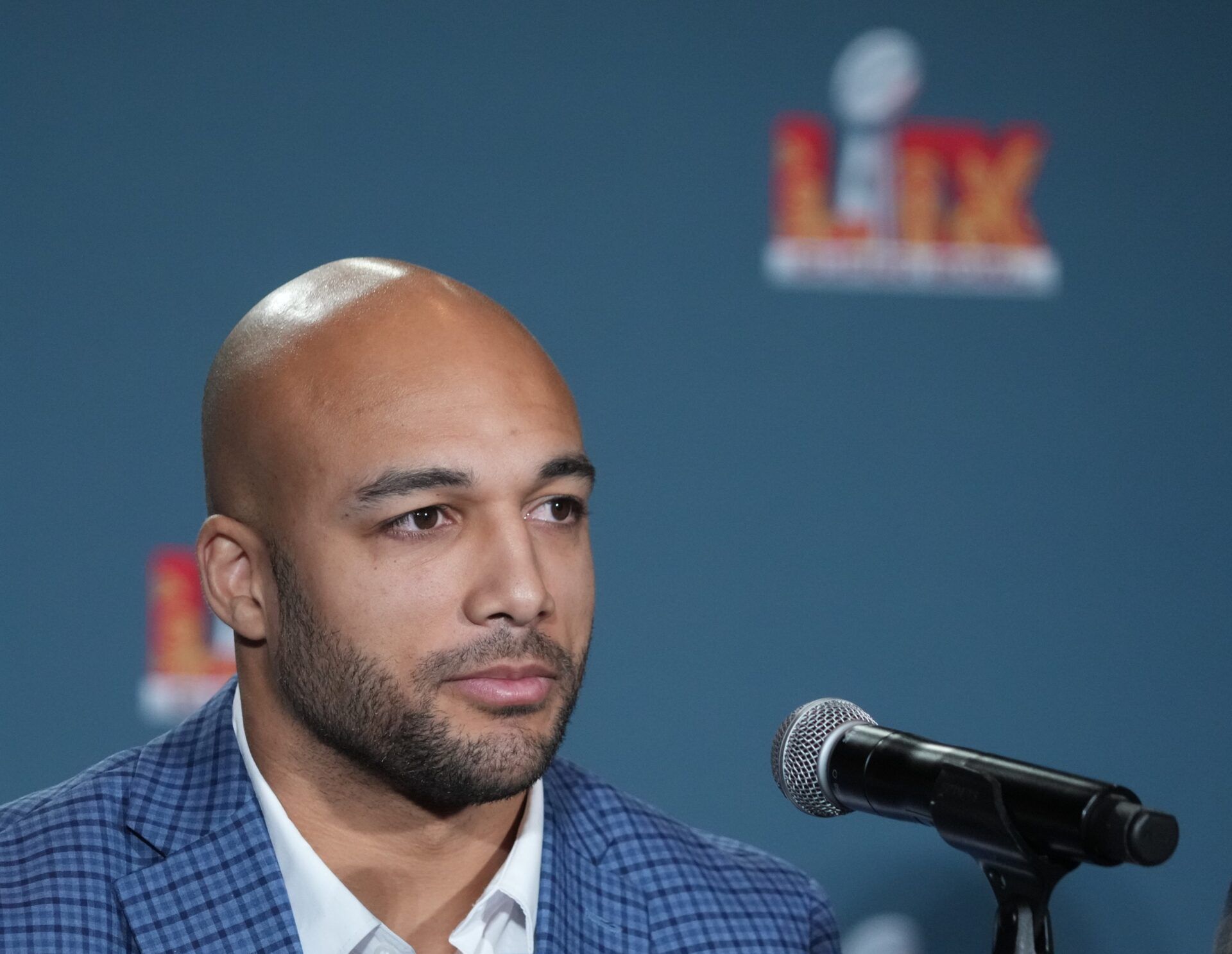 Austin Ekeler during the NFLPA press conference in advance of Super Bowl LIX at the New Orleans Convention Center.