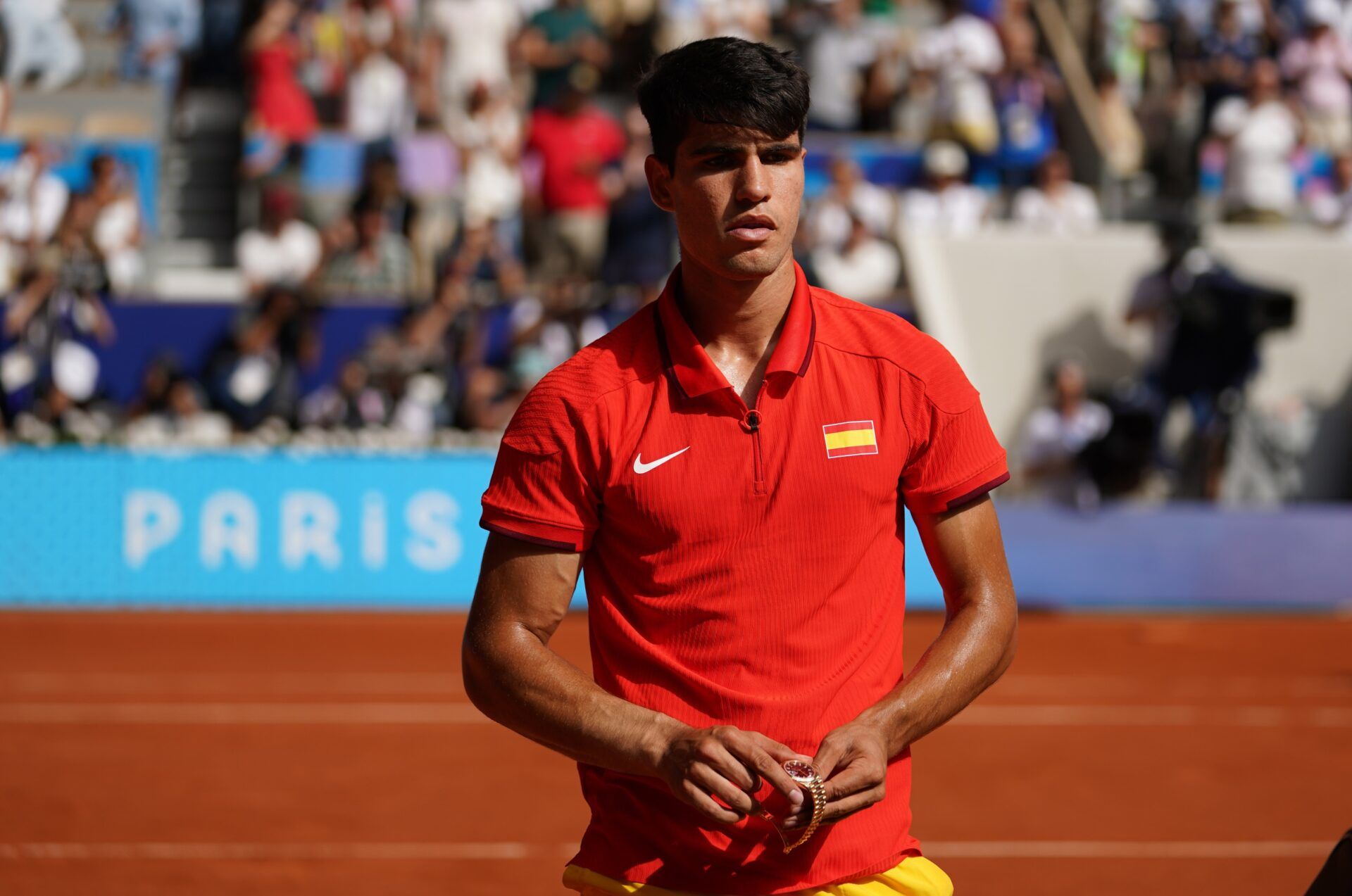 Carlos Alcaraz (ESP) reacts after losing in the men’s singles gold medal match against Novak Djokovic (not pictured) during the Paris 2024 Olympic Summer Games at Stade Roland Garros.