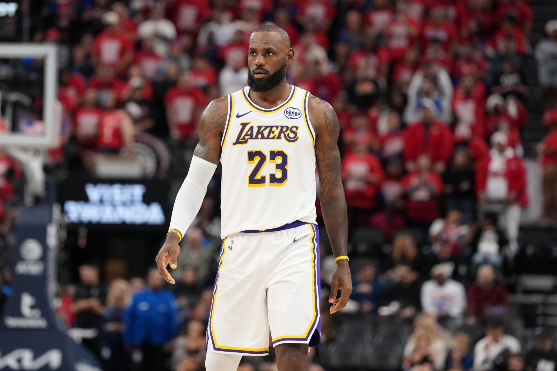 Los Angeles Lakers forward Lebron James (23) reacts against the LA Clippers in the second half at Intuit Dome.