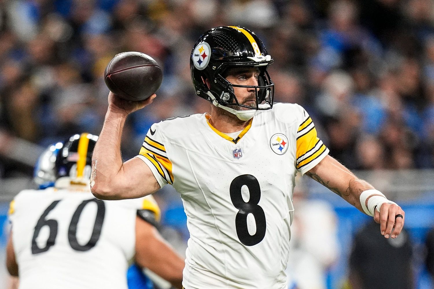 Pittsburgh Steelers quarterback Aaron Rodgers (8) makes a pass against Detroit Lions during the first half at Ford Field in Detroit on Sunday, Dec. 21, 2025.