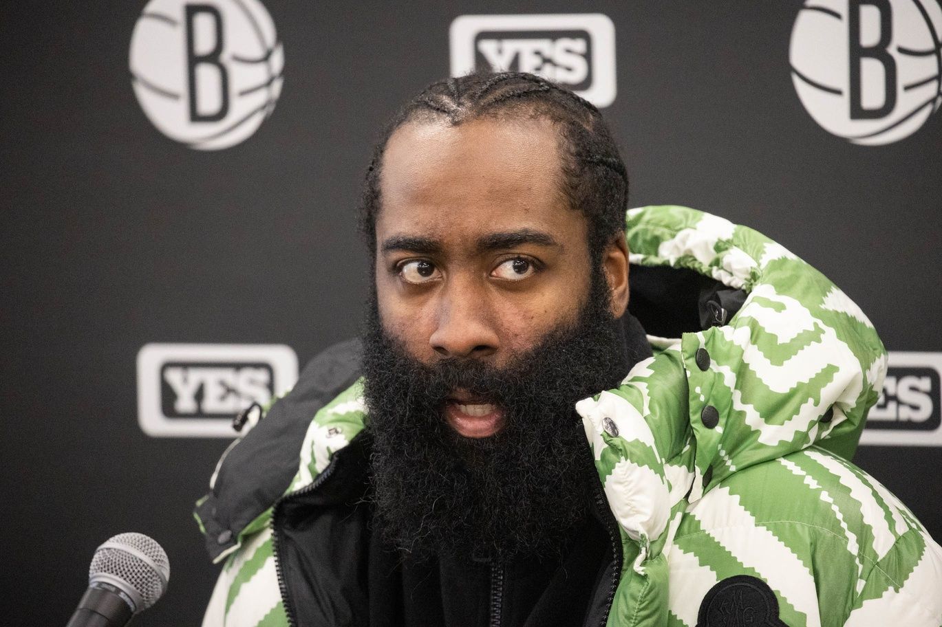 Brooklyn Nets guard James Harden (13) talks to the media after the game against the Indiana Pacers at Gainbridge Fieldhouse.