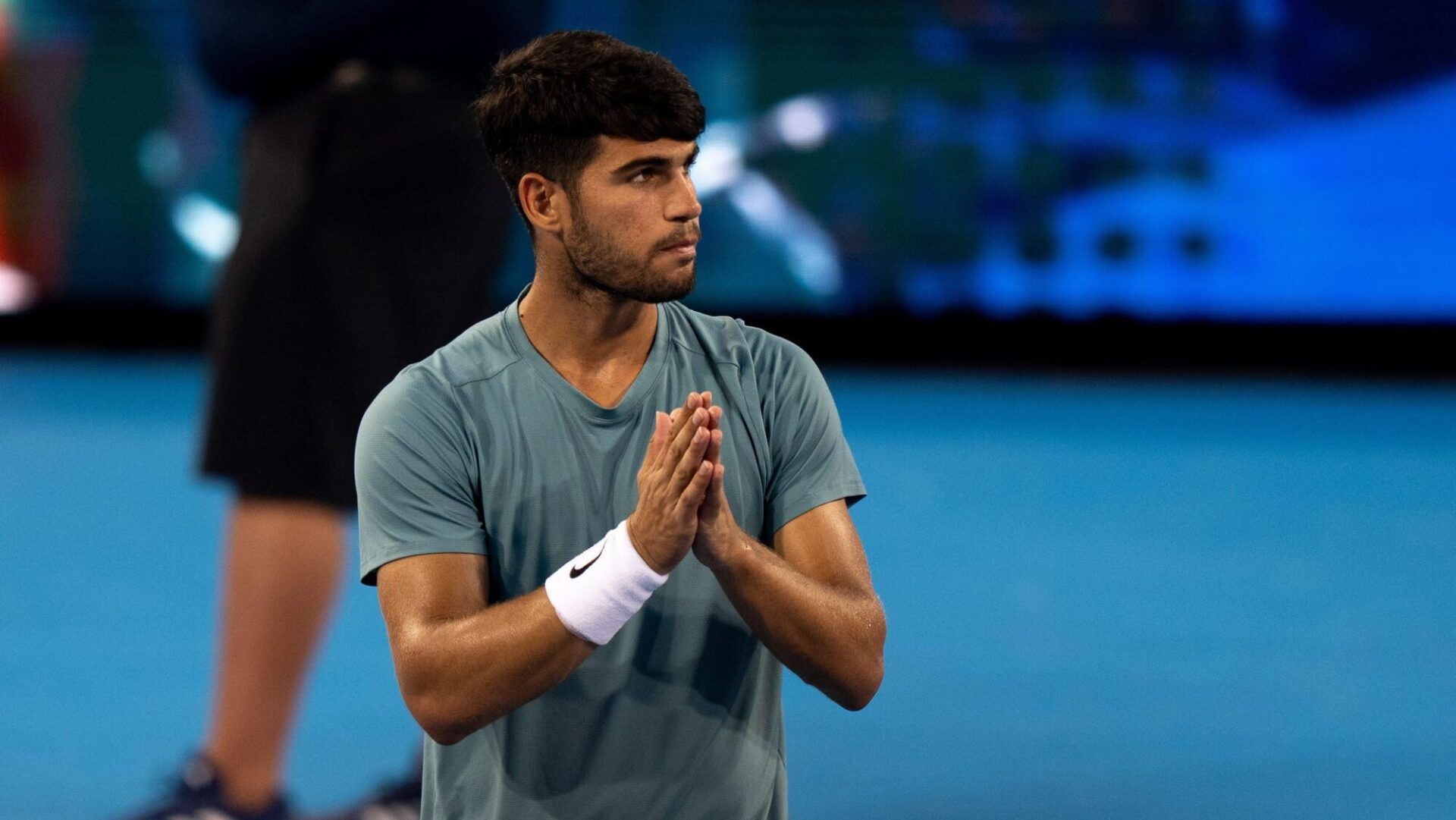 Carlos Alcaraz, of Spain, reacts after defeating Alexander Zverev, of Germany, during the Cincinnati Open in Mason on Aug. 16, 2025.