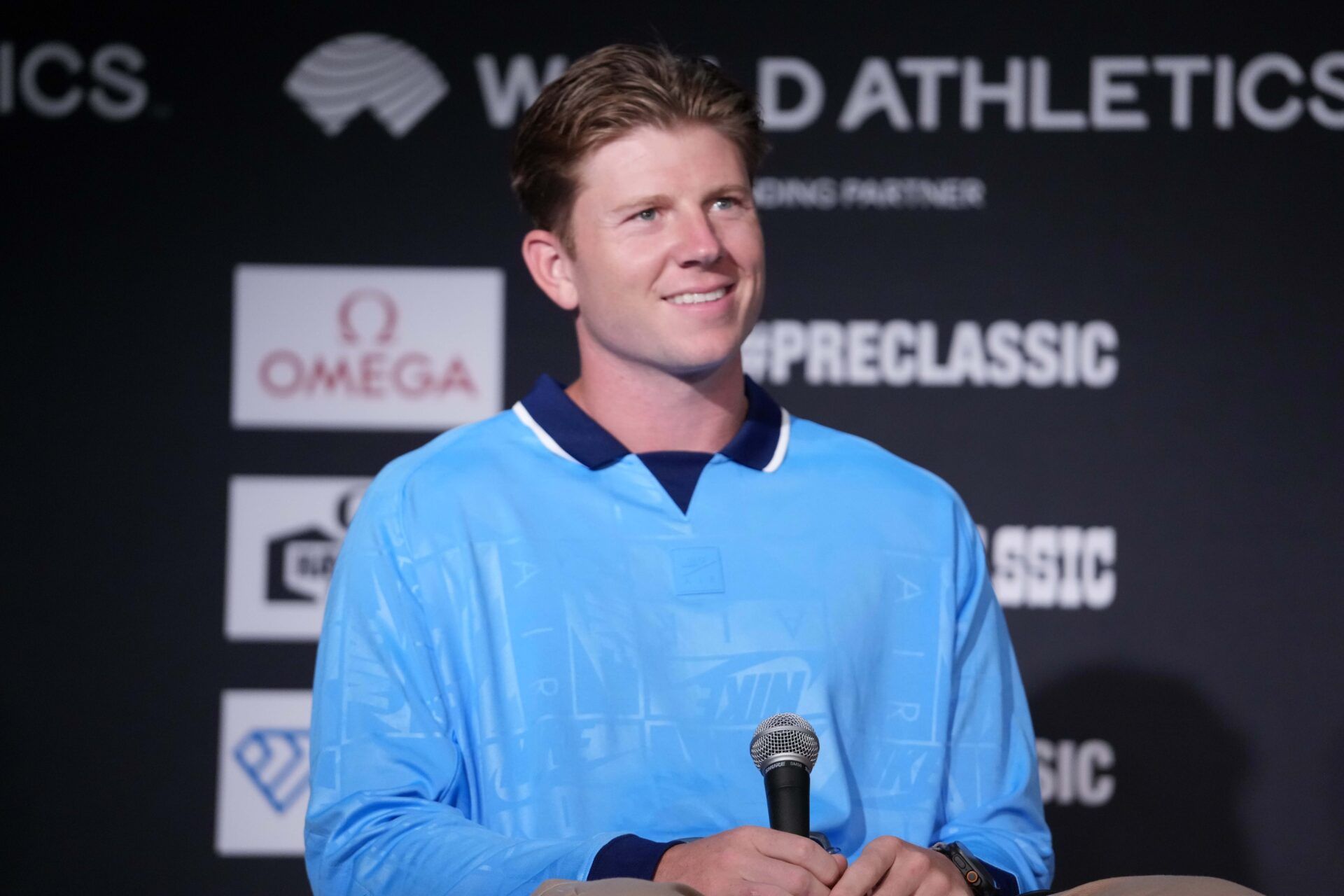 Hunter Woodhall (USA) during the 50th Prefontaine Classic press conference at the Graduate Hotel Eugene.