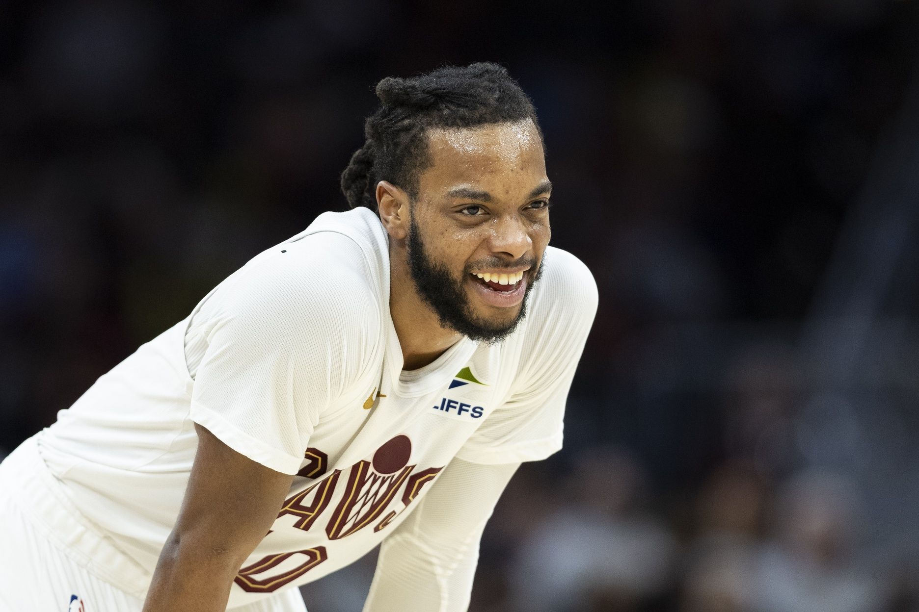 Cleveland Cavaliers guard Darius Garland (10) laughs during free throws by the Chicago Bulls during the fourth quarter at Rocket Arena.