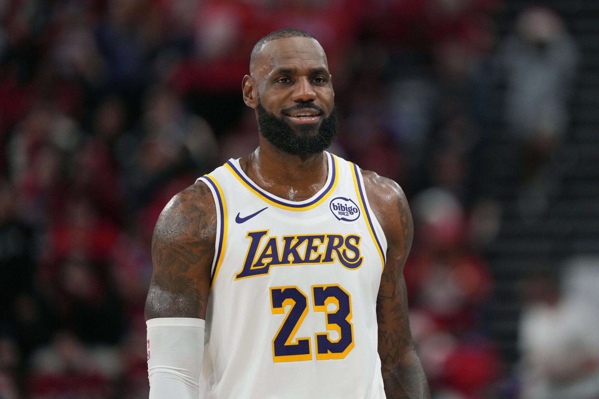 Los Angeles Lakers forward Lebron James (23) reacts against the LA Clippers in the second half at Intuit Dome.