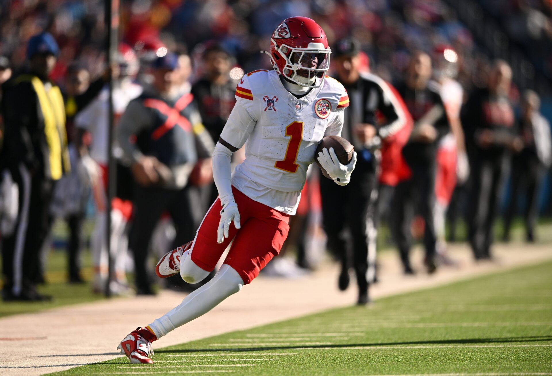 Kansas City Chiefs wide receiver Xavier Worthy (1) runs during the second half against the Tennessee Titans at Nissan Stadium.