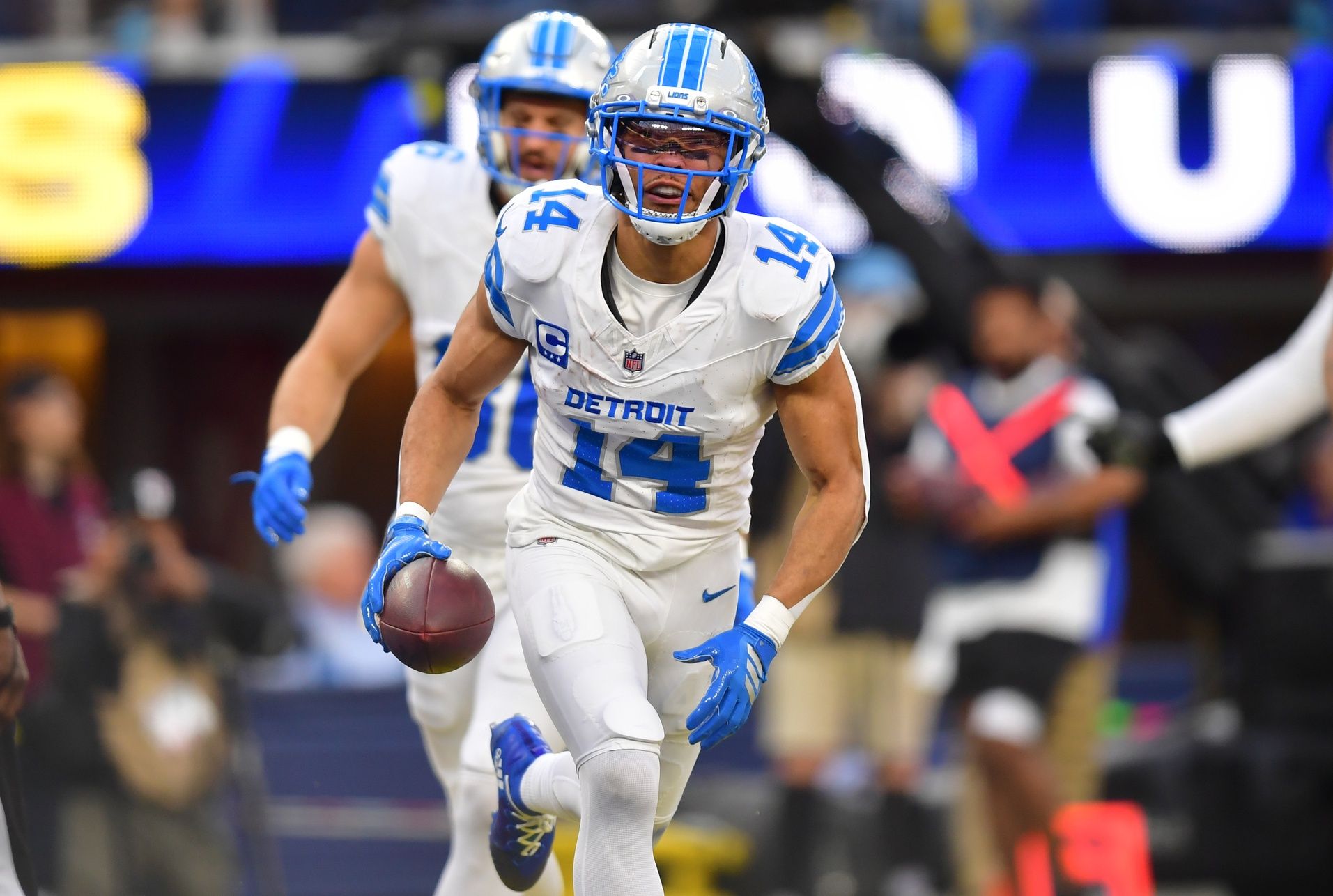 Detroit Lions wide receiver Amon-Ra St. Brown (14) celebrates after a touchdown during the second quarter against the Los Angeles Rams at SoFi Stadium.
