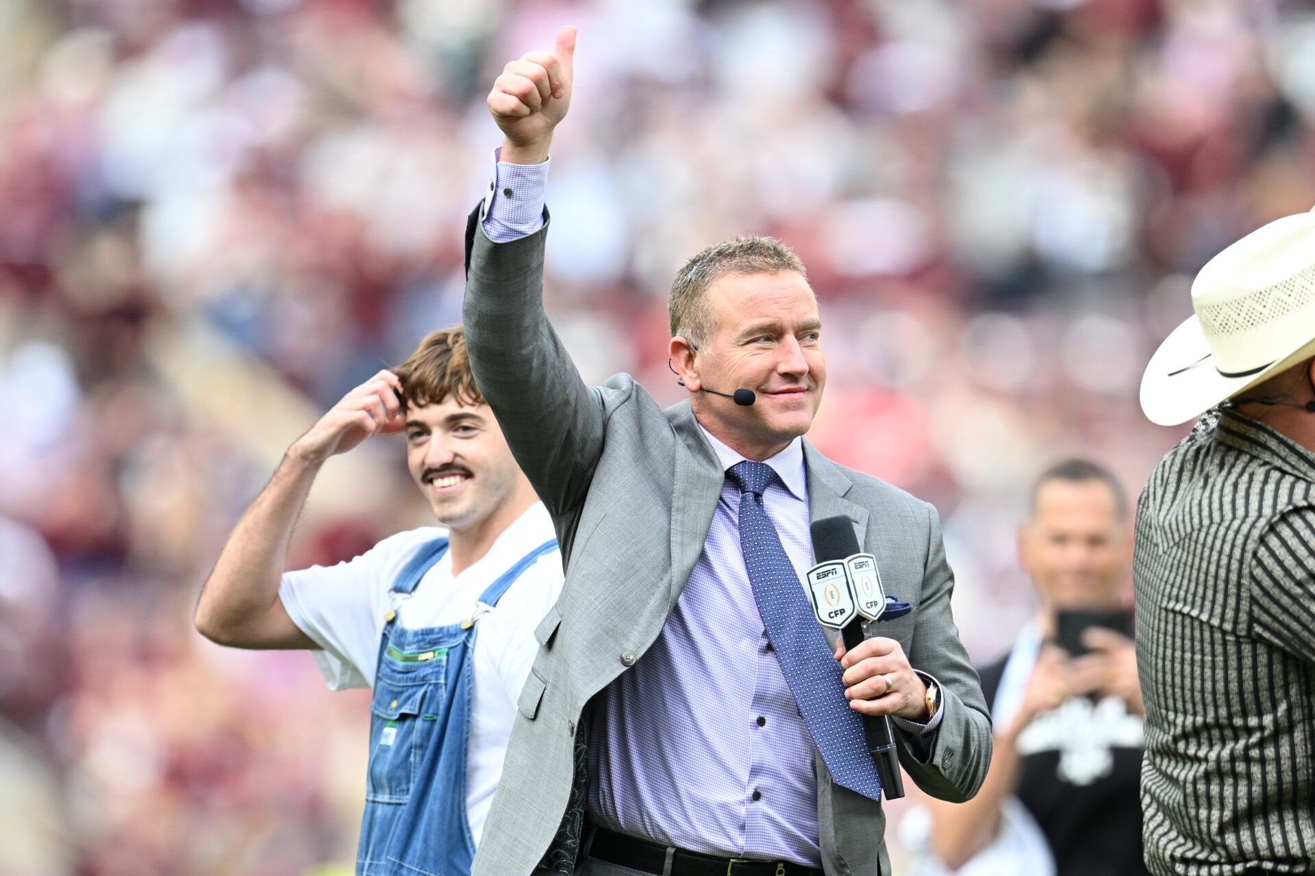 Kirk Herbstreit reacts prior to the game between the Miami Hurricanes and the Texas A&M Aggies during the first round of the CFP National Playoff at Kyle Field.