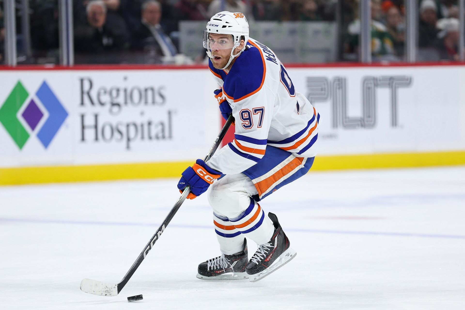 Edmonton Oilers center Connor McDavid (97) skates with the puck against the Minnesota Wild during the third period at Grand Casino Arena.