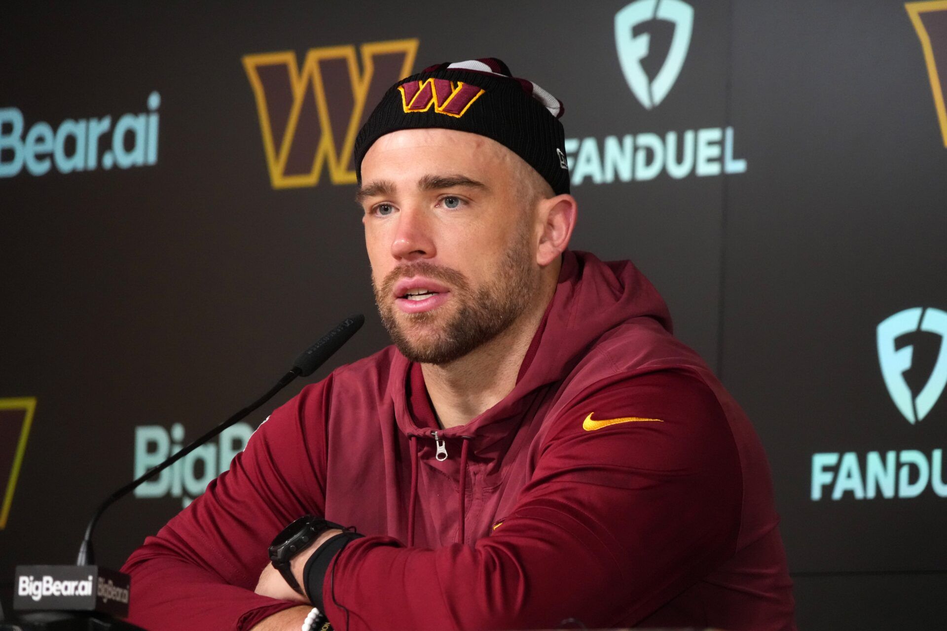 Washington Commanders tight end Zach Ertz at press conference at Ciudad Deportiva del Real Madrid.